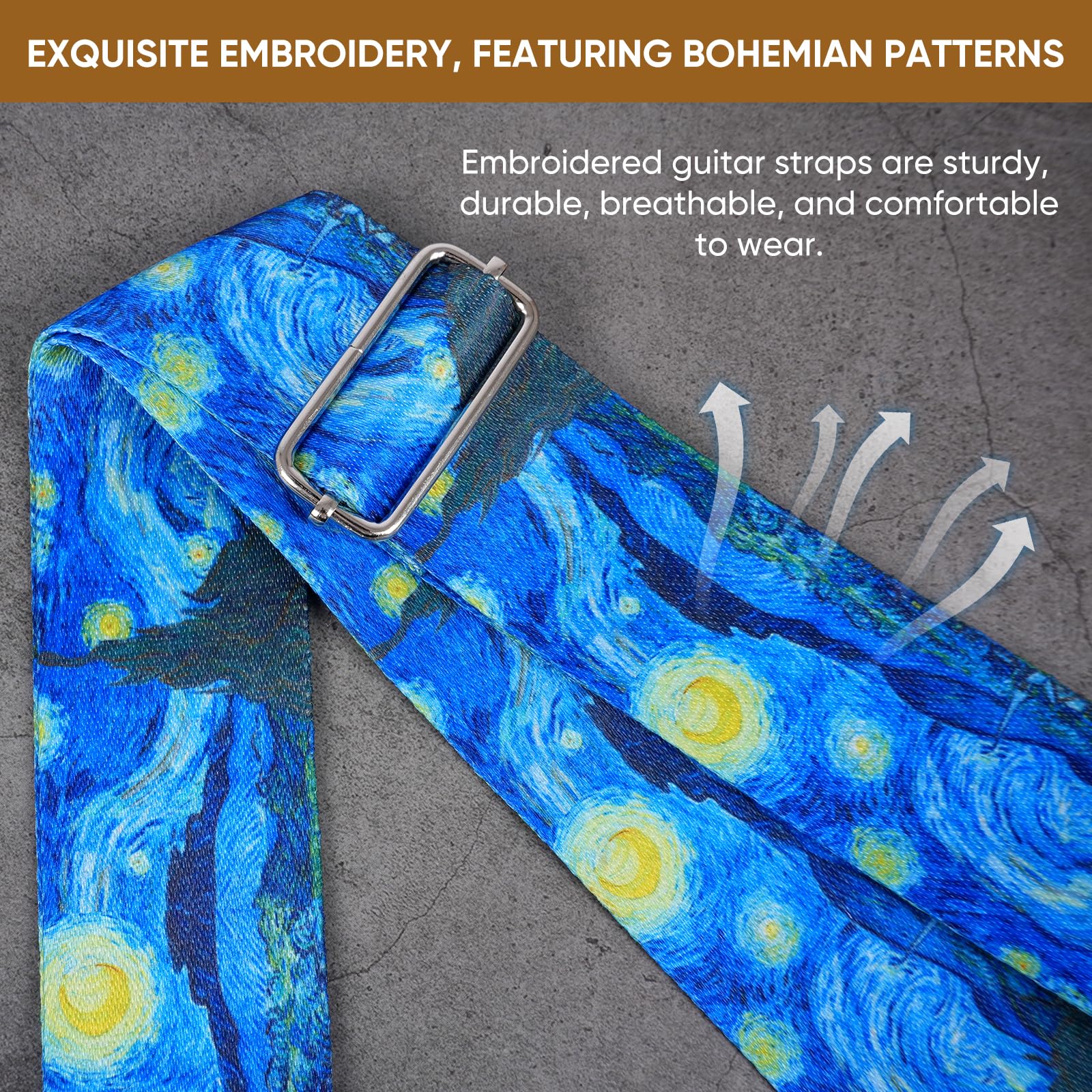 JIPIS Universal Strap for Bass,Electric & Acoustic Guitar with Creative Van Gogh Starry Sky Pattern, Include 3 Picks, 2 Locks,1 Headband Adjustable Guitar Strap for All Guitarists (GS-07 Starry sky)