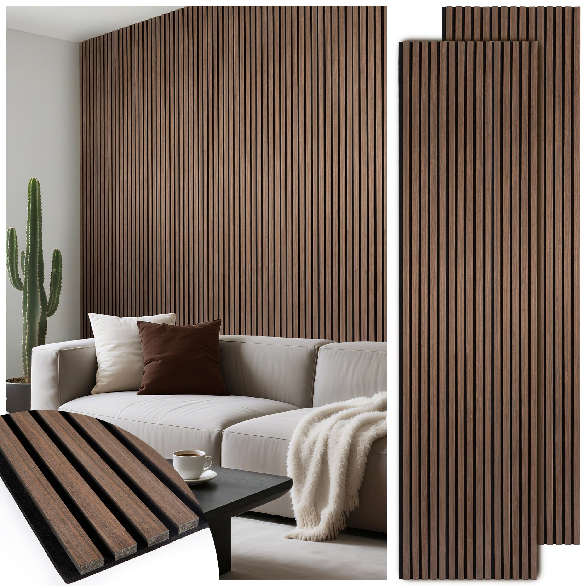 LARWORKS 2 Pack 108’’x23.6’’ Fluted Acoustic Wood Slat Wall Panels, Walnut