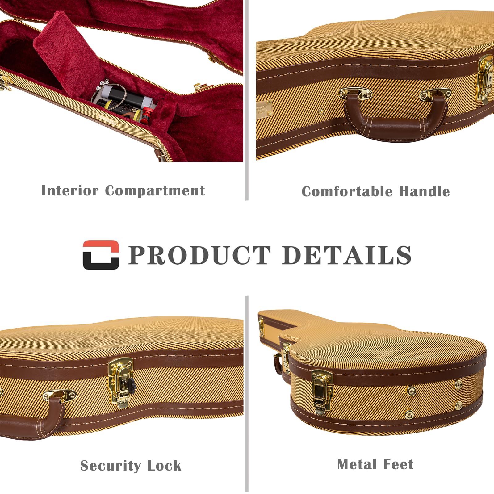 Crossrock Wooden Dreadnought Acoustic Guitar Case | Arched Top, Padded Interior, Lock & Storage – Fits Martin D-28, Taylor 210, Yamaha FG -Vinyl Tweed (CRW600DTW)