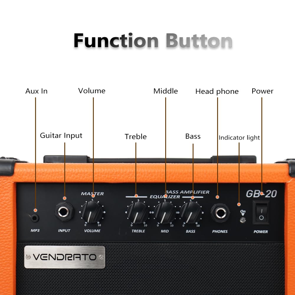 Vendrato Electric bass Amplifier 20w amp Orange Color Multi Band Treble Middle bass mp3 Headphone Jack Portable for Starter Beginner Travel Amp Practice noiseless Cable Picks and Adapter with