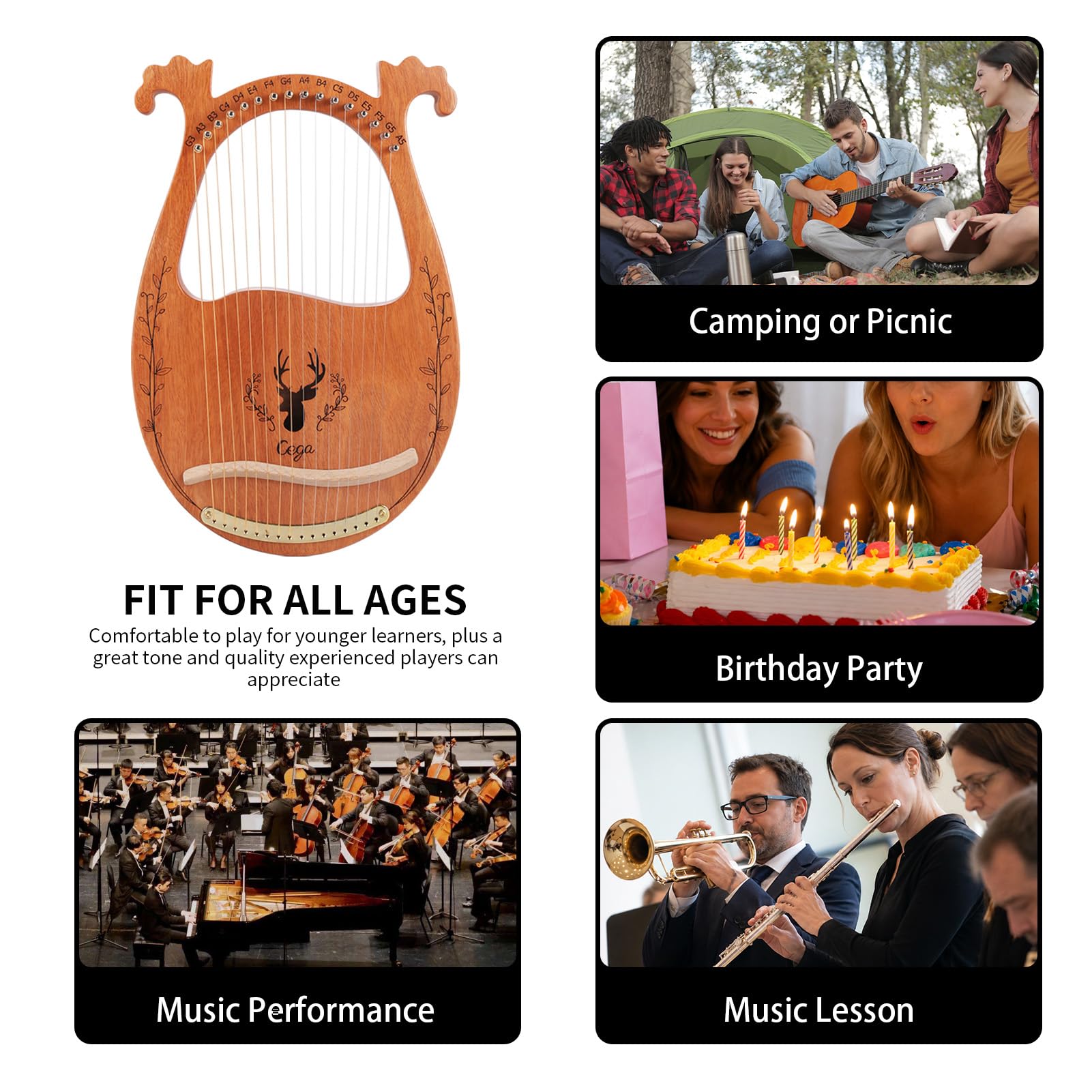 Lyre Harp, 16 Strings Mahogany Acoustic Lap Harp for Adults Beginners