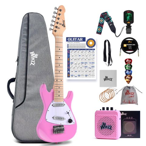 Winzz 30 Inch Kids Electric Guitar Beginner Kit, Junior 1/4 Size Mini Electric Guitar for Children Complete Stater Set with Amp, Gloosy Pink Colour