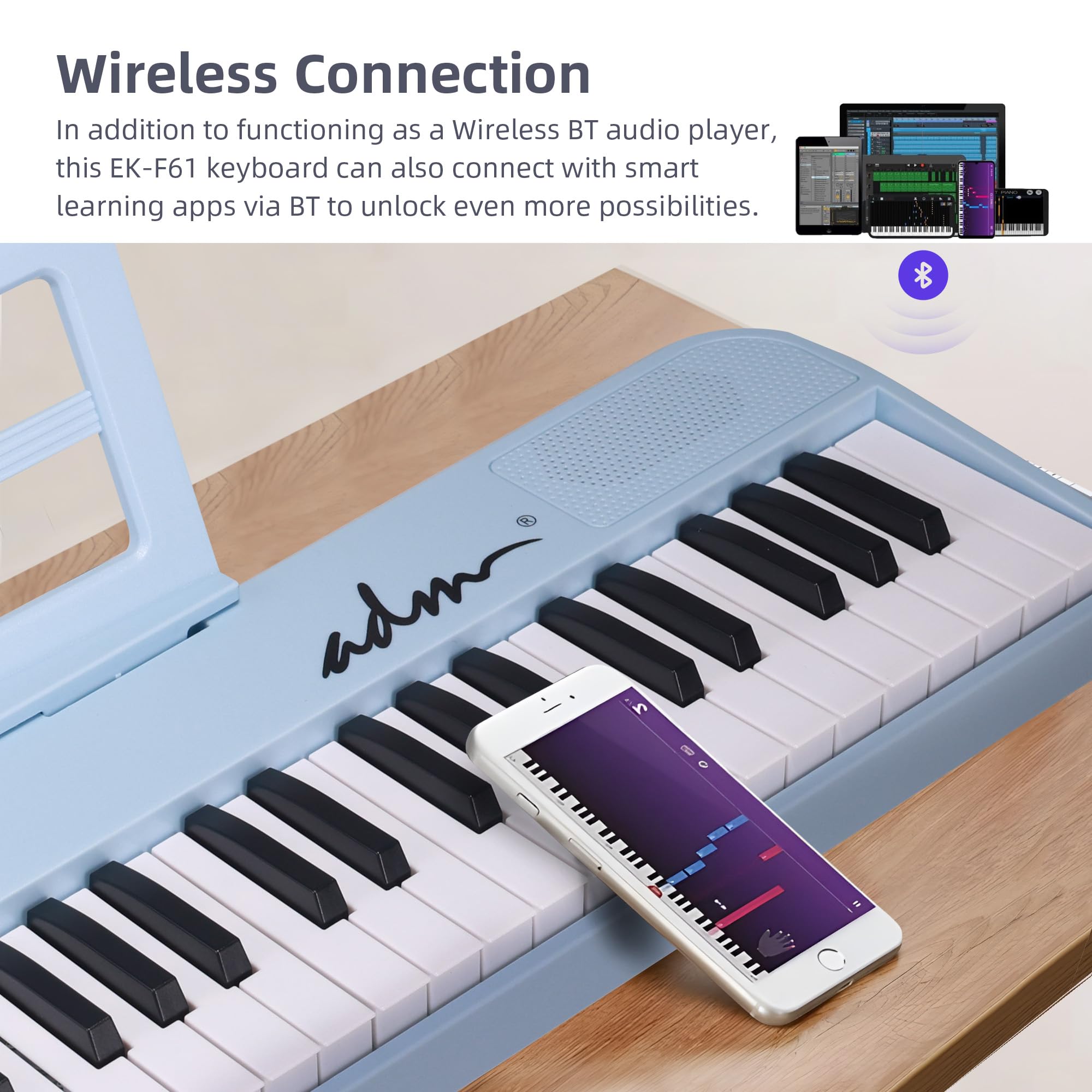 ADM 61 Key Folding Electric Piano Keyboard, Foldable Piano Electronic Keyboard, Wireless 128 Tones, 128 Rhythms Includes Pedal, Gig Bag, Headphones for Beginners, Students, Adults (Blue)