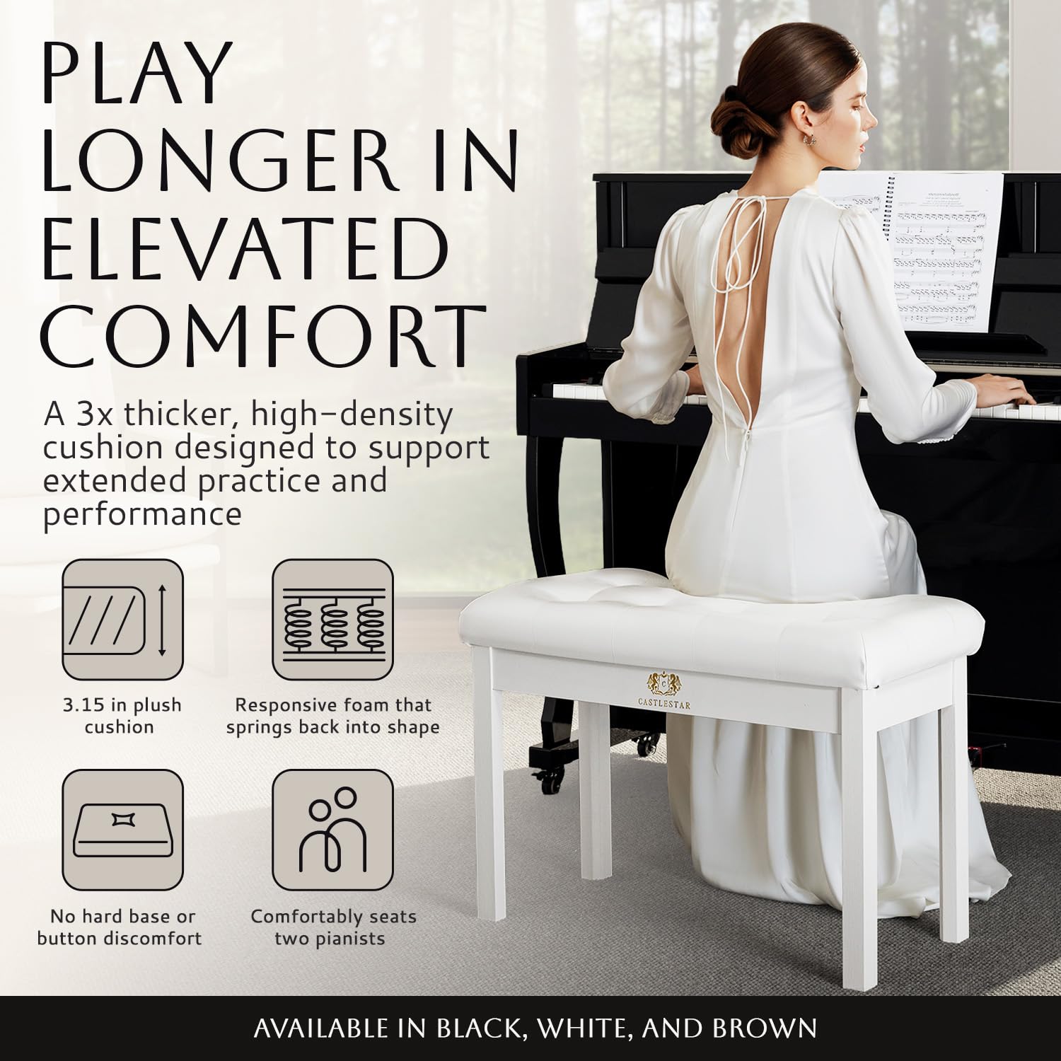 Castlestar Premium Duet Piano Bench with Storage – 3 Inches Plush PU Leather Seat, Solid Wooden Legs, Comfortable Piano Seat for Two – White