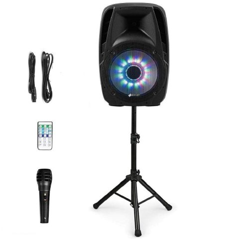 Sonart 15″ 1500W Powered Speakers, 2-Way Full Range Portable PA Speaker System Combo Set With Stands/Illuminating Light/Microphone/EQ/USB/Bluetooth