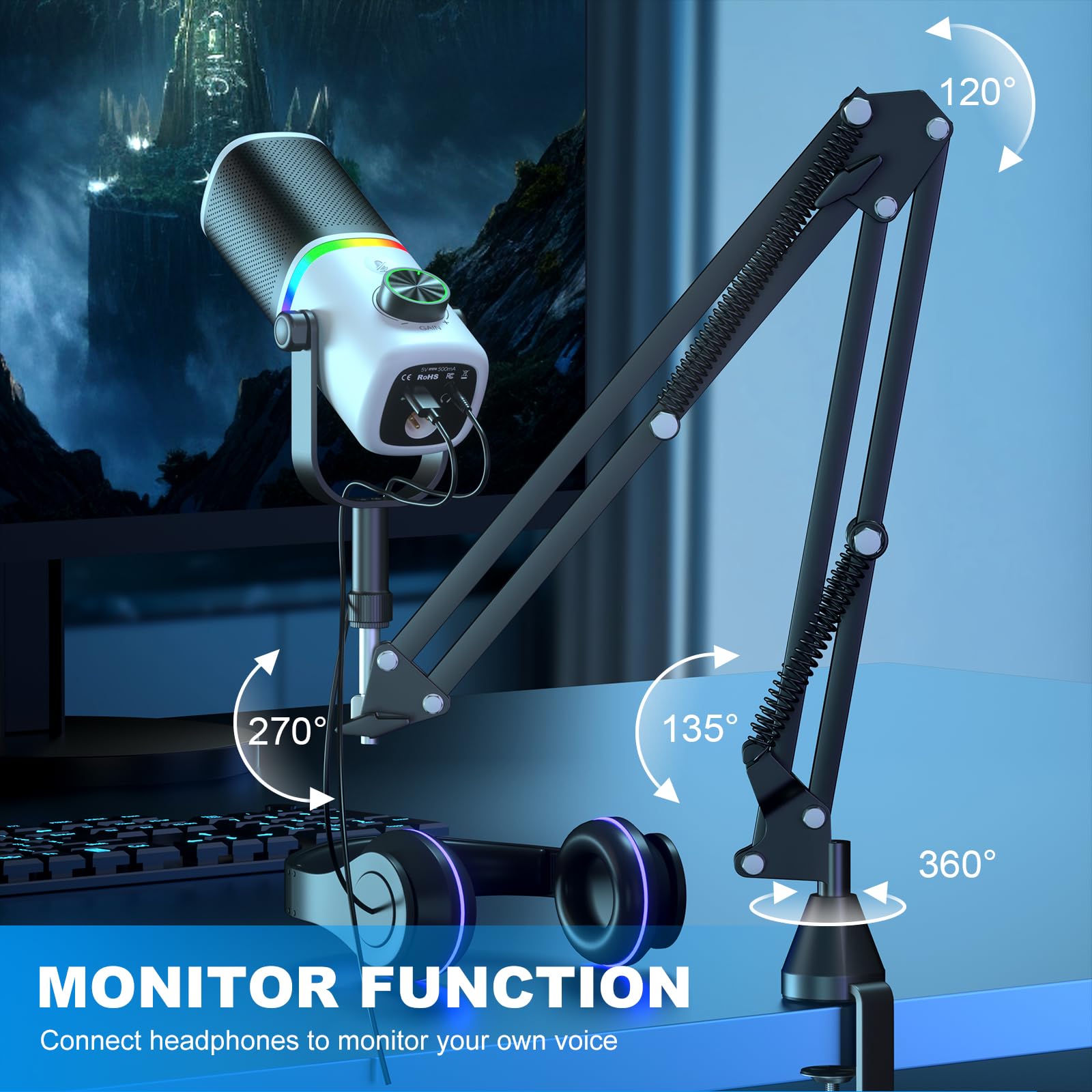 Aokeo AK-10 USB Gaming Microphone with mic arm, Condenser Microphone for PC/MAC/PS4/PS5/Phone-Cardioid Mic with RGB Lighting(White)