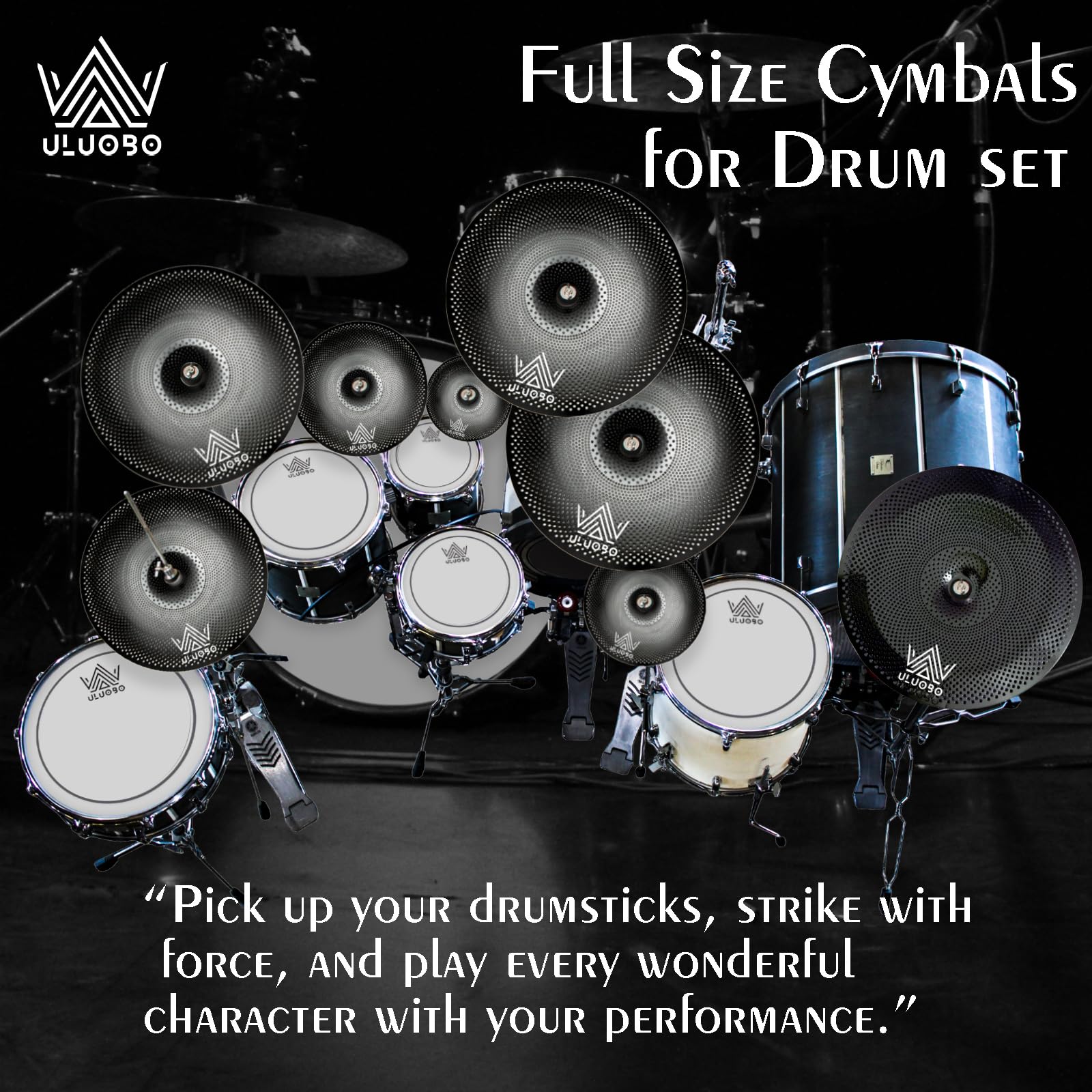 ULUOBO Low Volume Cymbal Pack, Silent Cymbals, Quiet Cymbals Set for Drummer Practice, 6/8/10”Spalsh+14”Hihat+16″Crash+18”Crash+18”China+20″Ride, 9 Pieces, Black