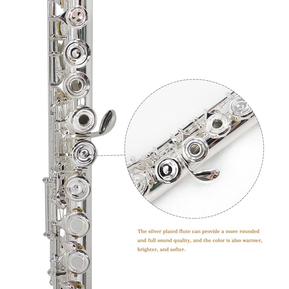 YANASON C Flute Open Hole 17 Keys Flute Silver-plated for Beginner, Professionals and Musicians with Leather case, Metal stand, Gloves, Tuning Rod, Cleaning kit(17 Silver)