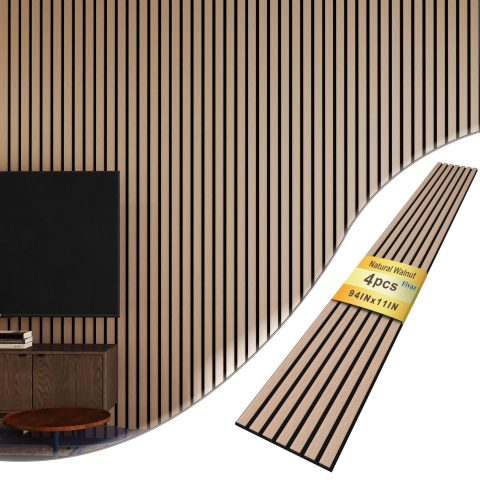 Fivaz 4 Pcs 94″ × 11″ Wood Panels for Wall, Soundproof Wood Slat Wall Paneling, Stylish Decor Acoustic Wall Panels for Wall and Ceiling, Odor-Free & Easy to Install, Natural Walnut