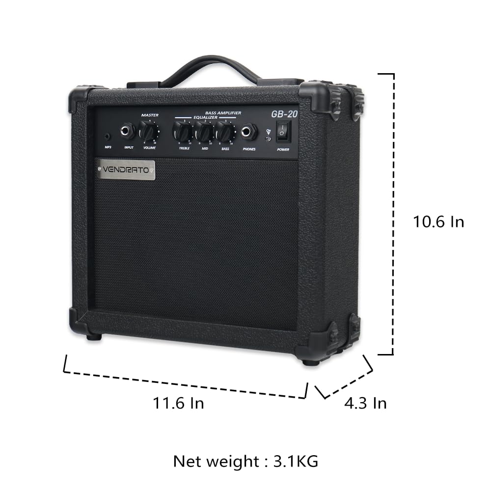 Vendrato Electric Bass Amplifier 20w amp Black Color Multi Band Treble Middle bass mp3 Headphone Jack Portable for Starter Beginner Practice Travel bass Amp noiseless Cable Picks and Adapter with
