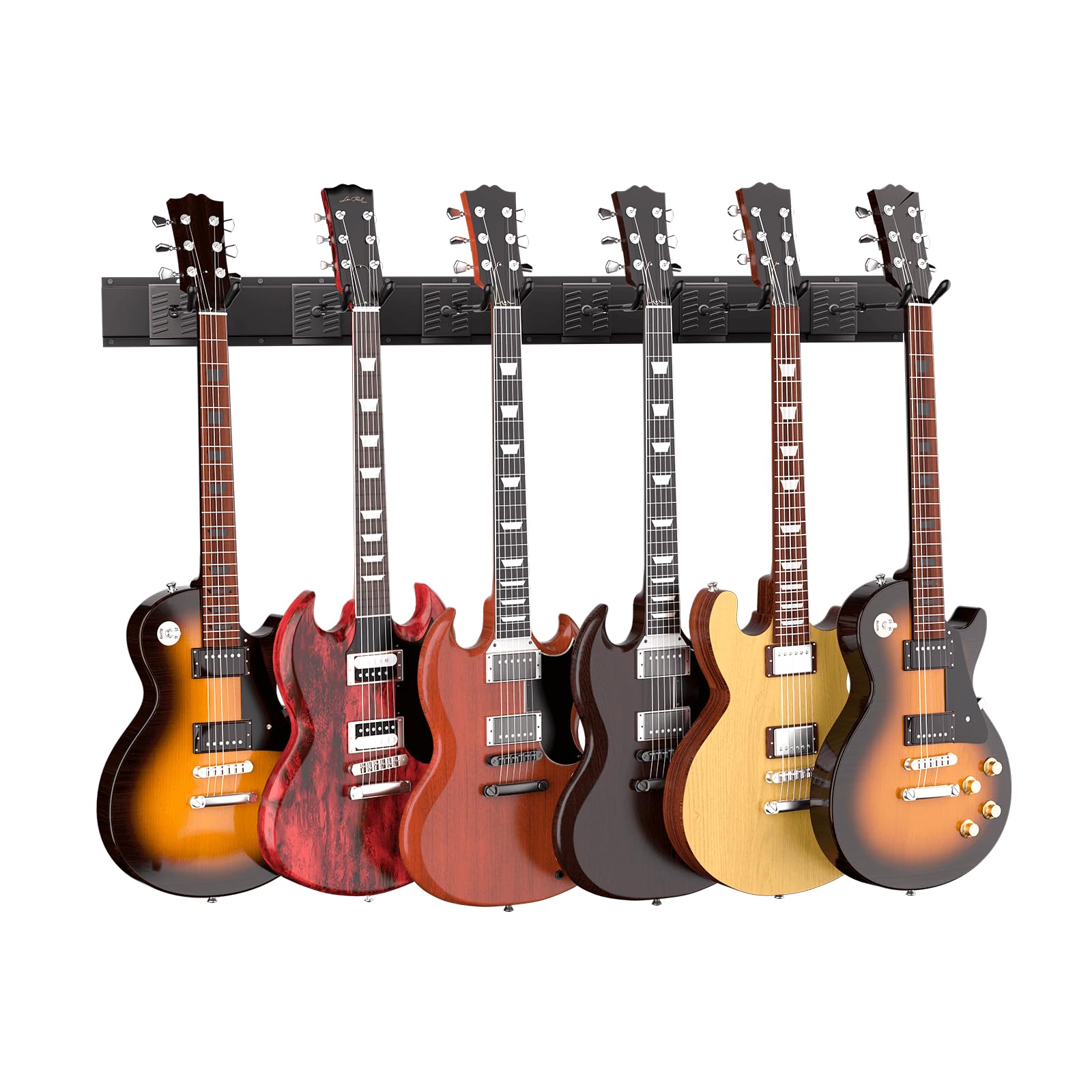 hjooytoi Guitar Wall Mount, Woodgrain Rack with 6 Adjustable Guitar Hangers, Guitar Wall Hanger with Pre-Drilled Holes, 48″ Alloy Steel Multiple Guitar Holder Stand,Black