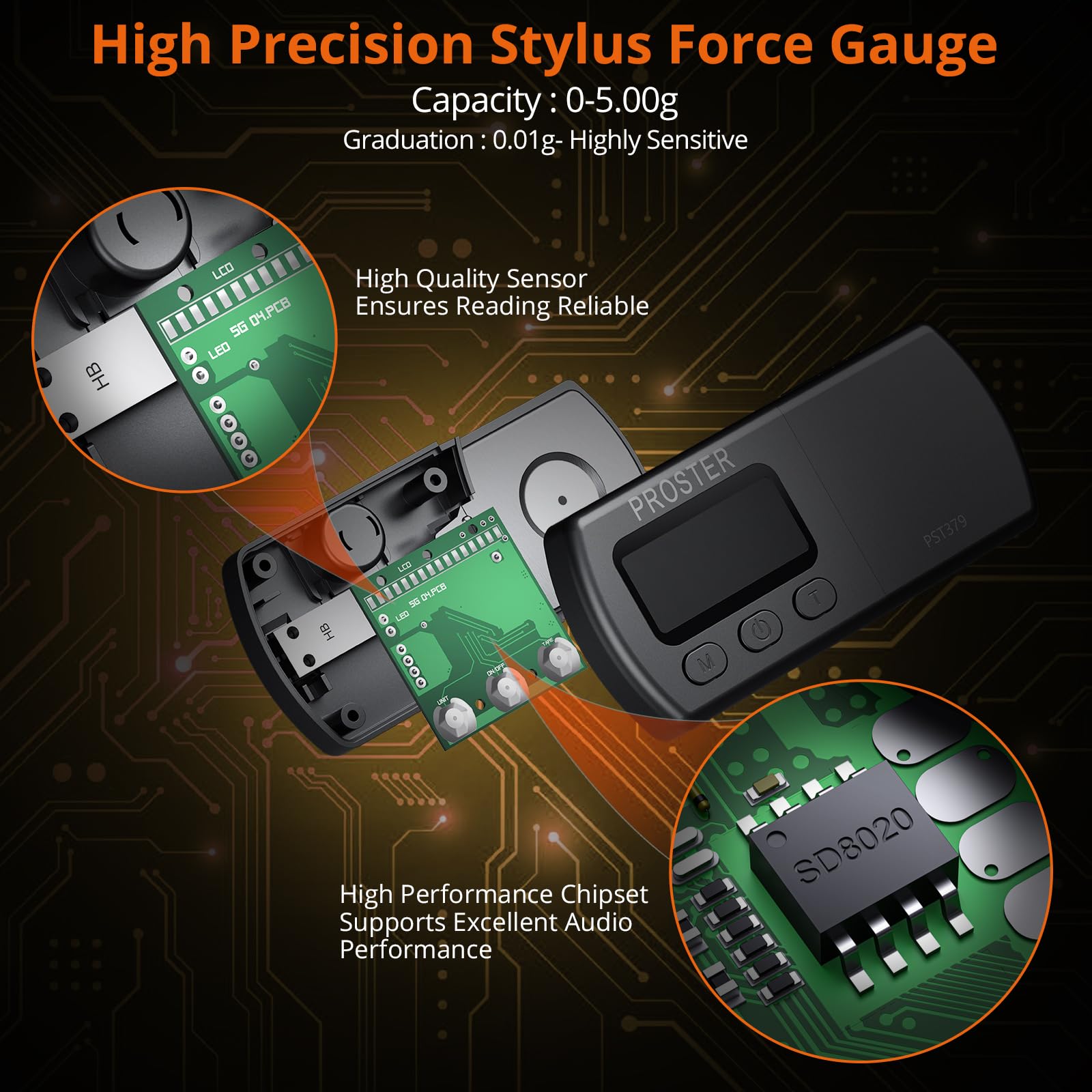 Proster Digital Turntable Stylus Weight Gauge Tracking Force Gauge 0.01g/5g Nonmagnetic Cartridge Scales with LCD Backlight and 5g Calibration 4 Spare Batteries for MM/MC/MI Phono Cartridges