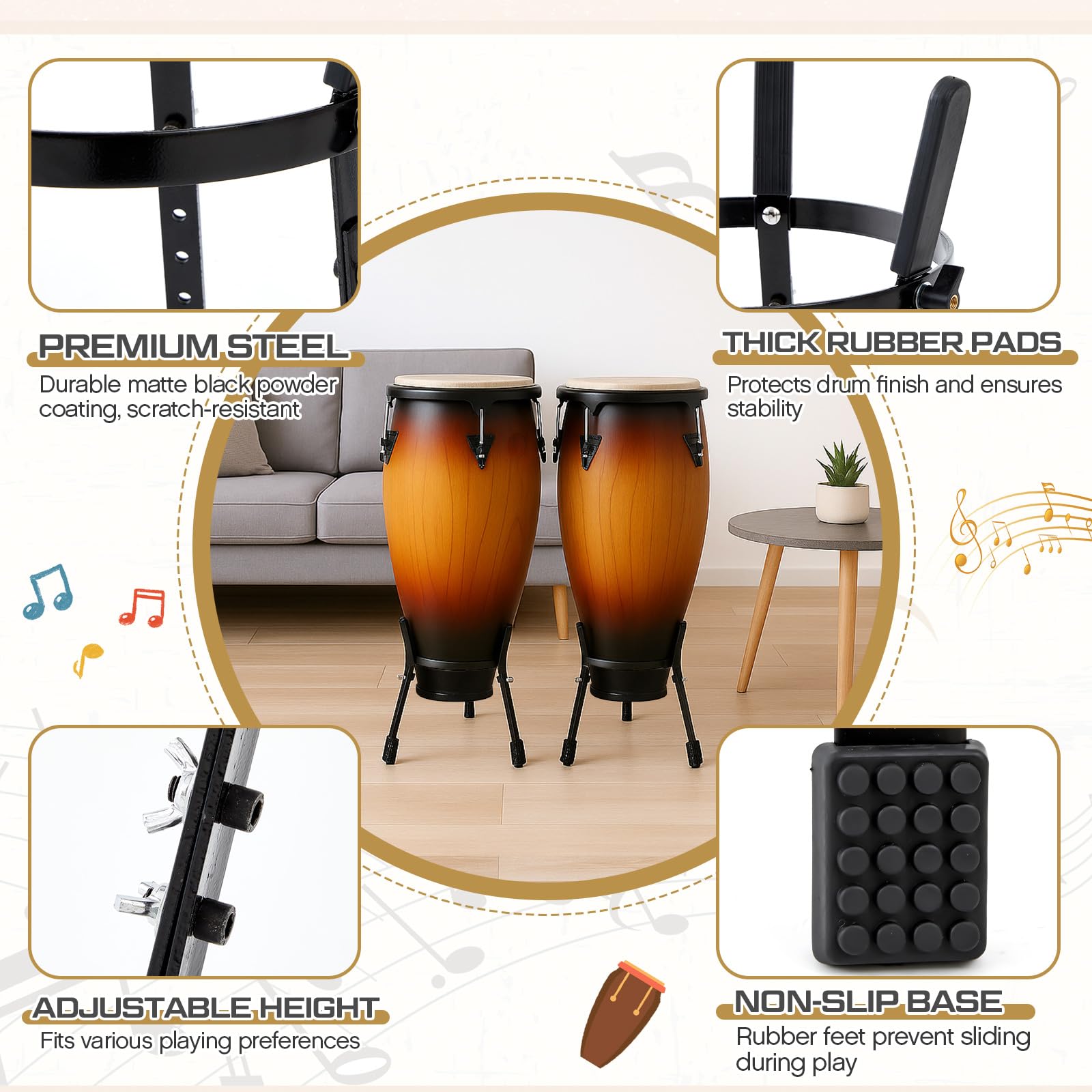 Fiada 2 Pcs Conga Drum Stand 10 & 11 Black Heavy Duty Adjustable Height Drum Holder Support for Congas Bongo Djembe Performance and Travel