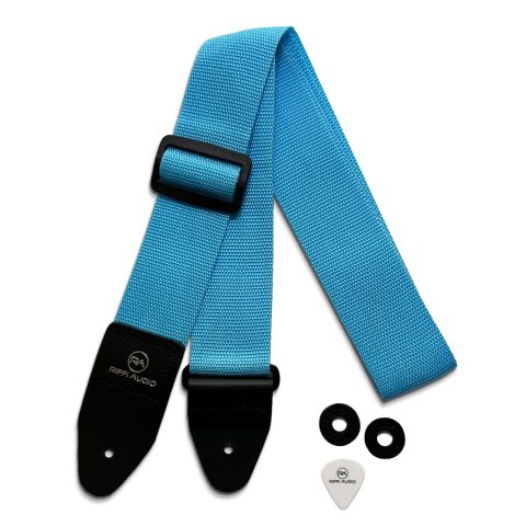 Riffi Audio Lite 1.0 Adjustable 2″ Wide Guitar Strap With Pick & Locks For Acoustic, Electric, And Bass Guitars (Light Blue)