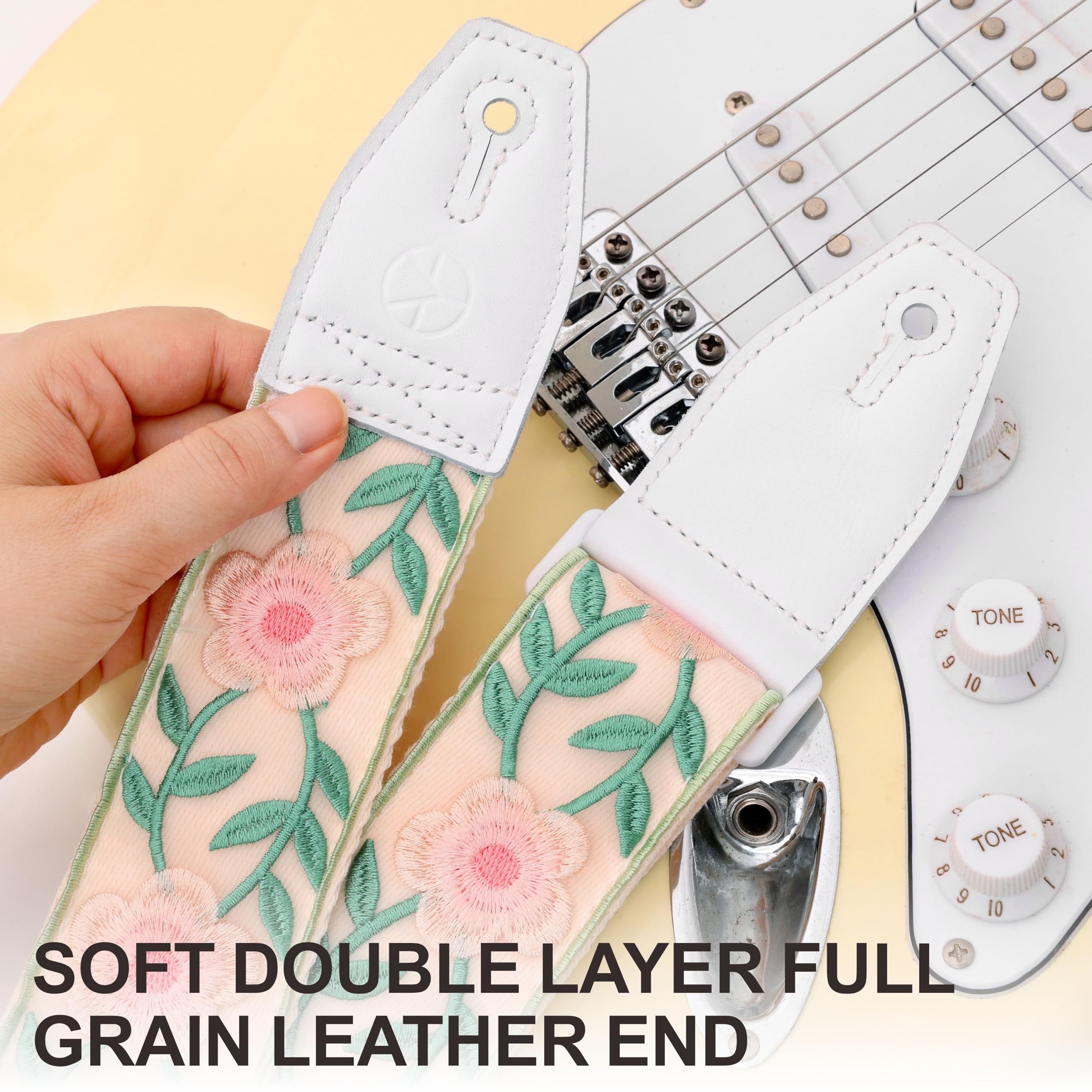 YIKOKO Guitar Strap, Head Layer Cowhide Leather End, 2 Inches Wide, for Acoustic and Bass Electric Guitars, Free Button, 2 Strap Locks and 4 Guitar Picks