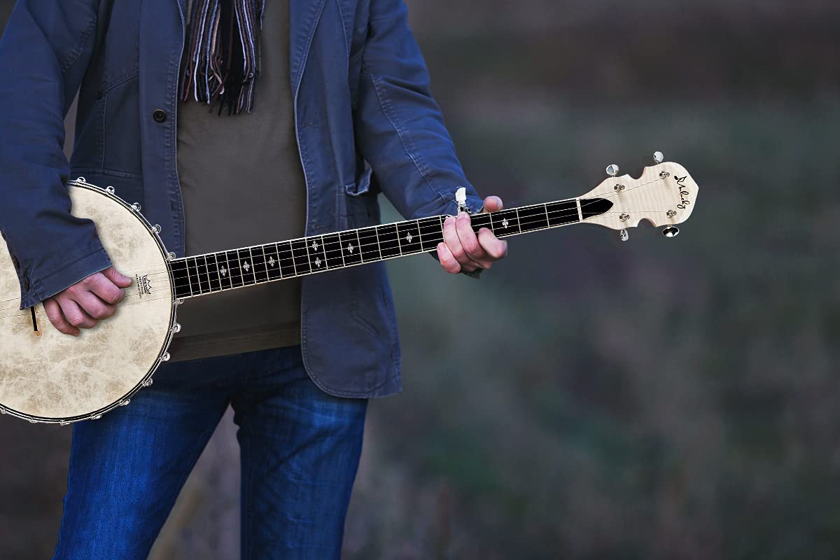 Mulucky 5 String Banjo – Full Size with 24 Brackets, Open Back, Maple Banjo with Remo Head, Geared 5th Tuner, Gift Package with Beginner Kit – B1102