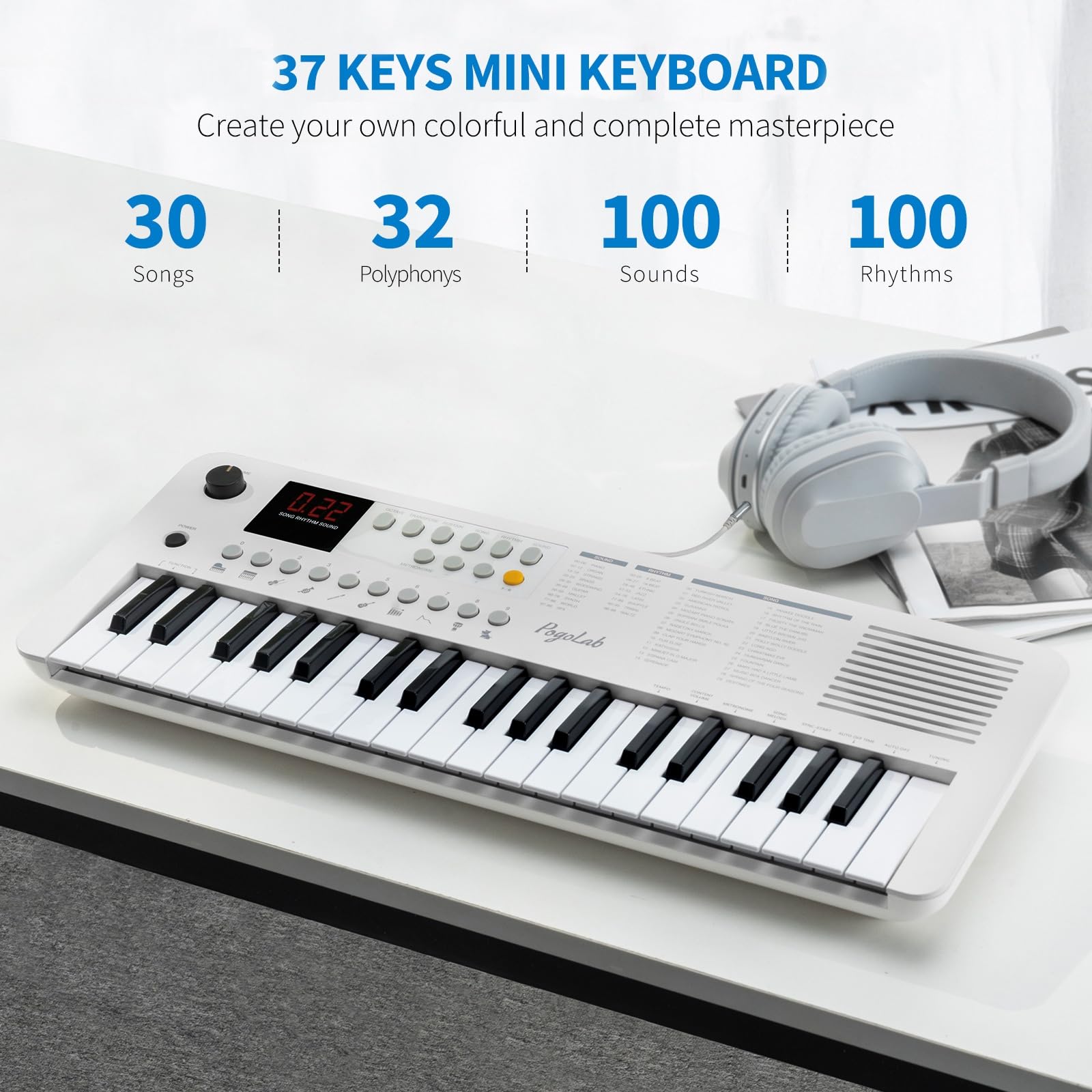 POGOLAB MK1 37 Keys Kids Keyboard Piano, Mini Portable Multi-Function Piano with Excellent Sound Quality, Built-In Speaker & LED Display, Small Electric Music Keyboard Gift for Beginners (White)