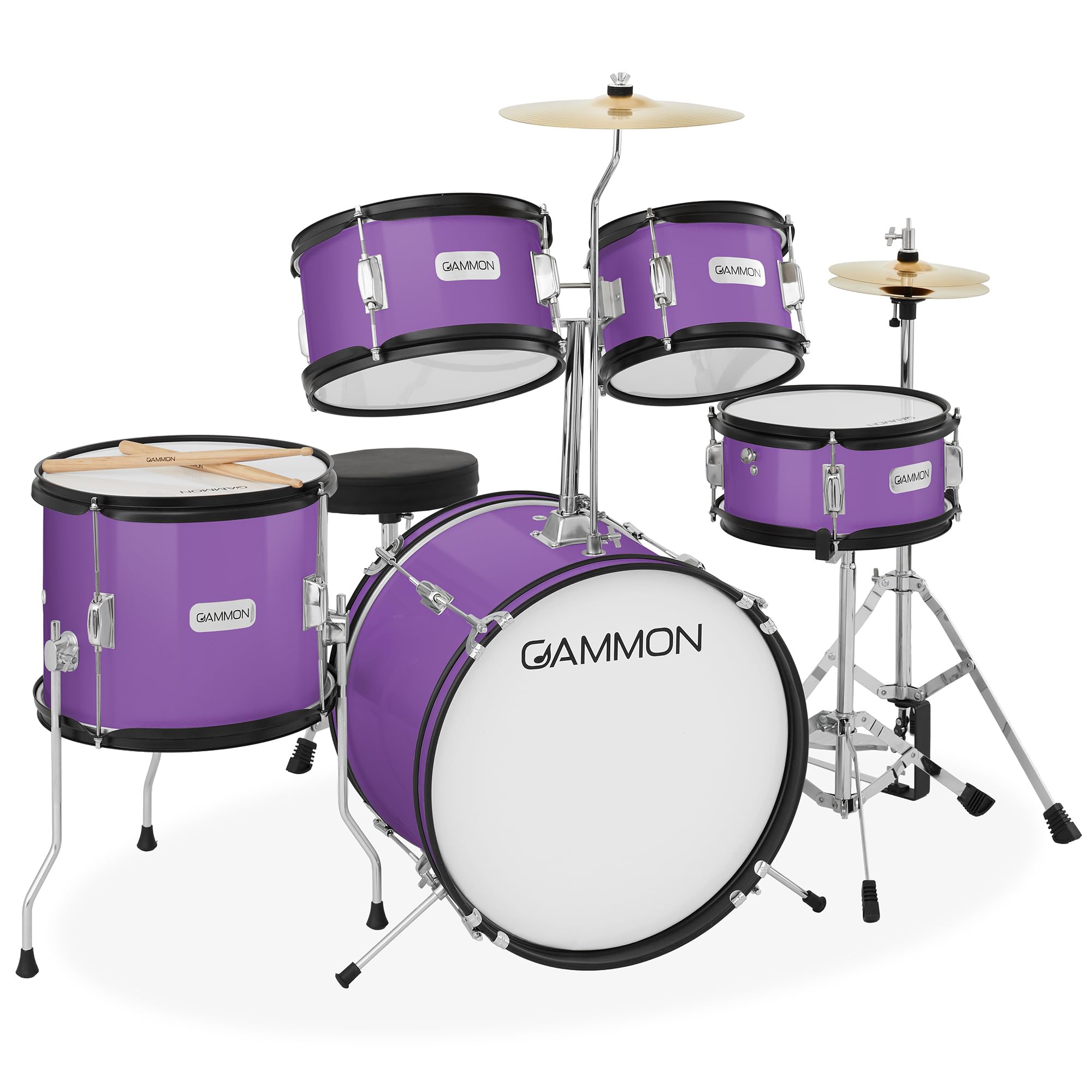 Gammon Percussion 5-Piece Kids Drum Set, Complete Junior Drum Kit with Cymbals, Hardware, Sticks, & Throne – Purple