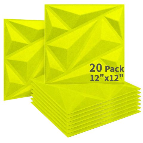 Art3dwallpanels Acoustic Panels 20 Pack Soundproof Wall Panels Acoustic Sound Dampening Panels, 3D Wall Panels Sound Absorbing Panels, 12″ X 12″, Fluorescent Green with Tape