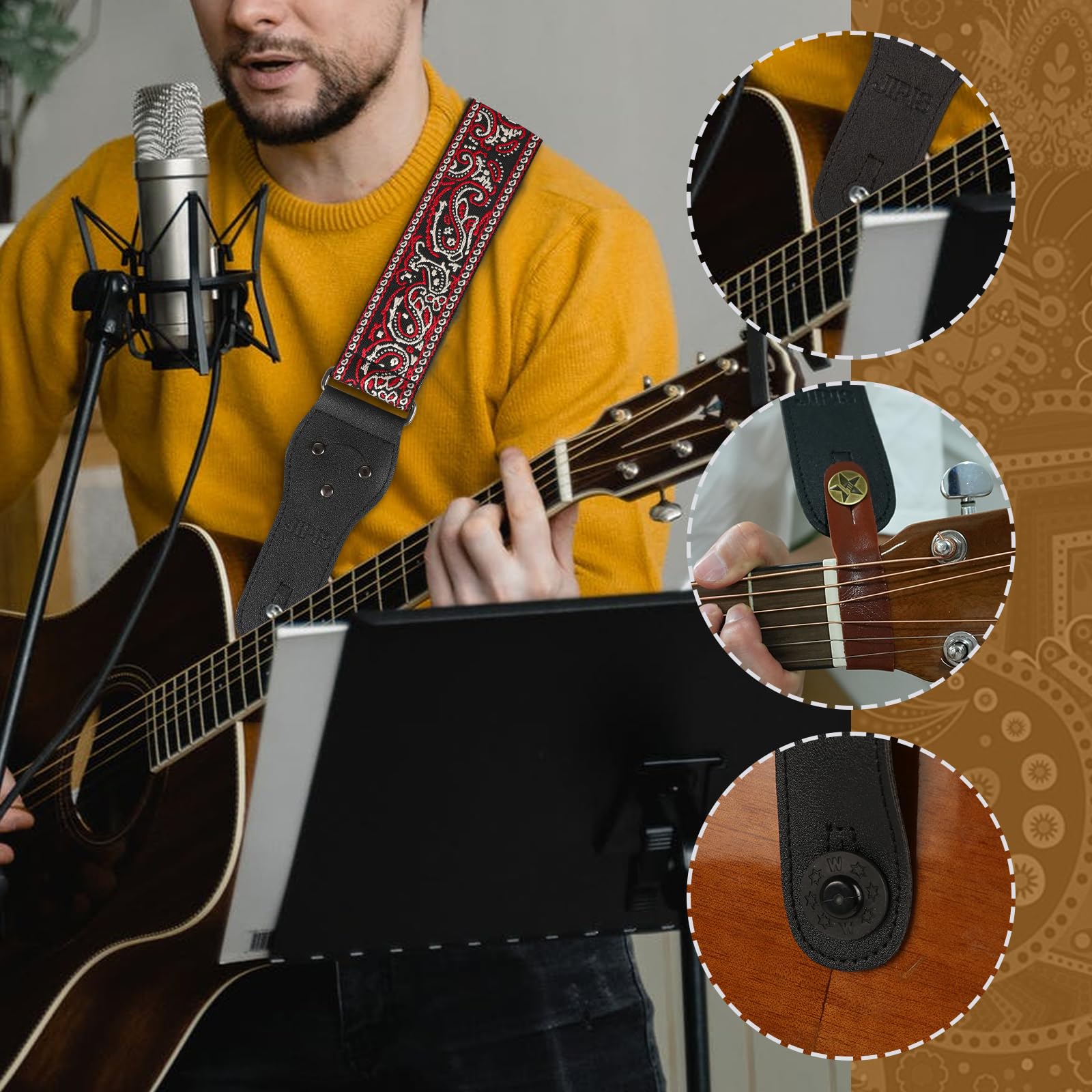 JIPIS Embroidered Cotton Guitar Strap – Adjustable Length with Anti Slip Buckles, Free Head Strap, 3 Guitar Picks (GS-08-1 Red Embroidery)