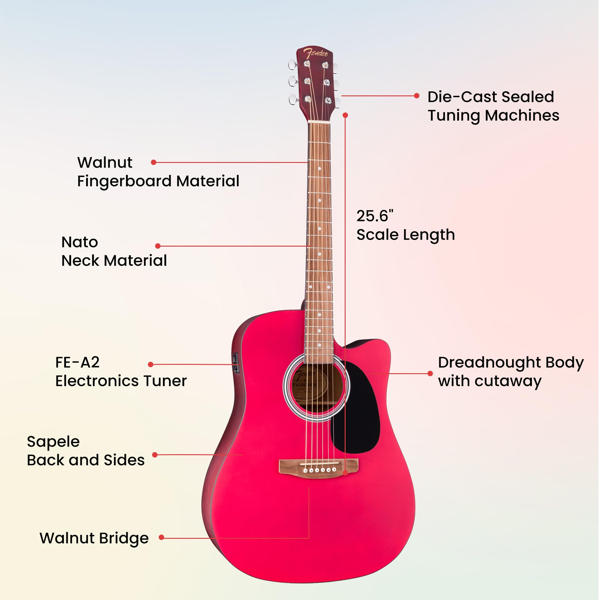 Fender FA Series Dreadnought Acoustic-Electric Guitar – Crimson Red Bundle with Case, Strings, Picks, and Austin Bazaar Instructional DVD
