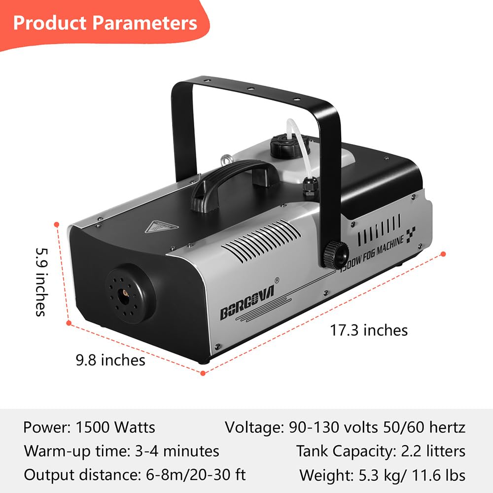 BORGOVA 1500W Fog Machine 2.2L Wireless Remote Stage Smoke Machine
