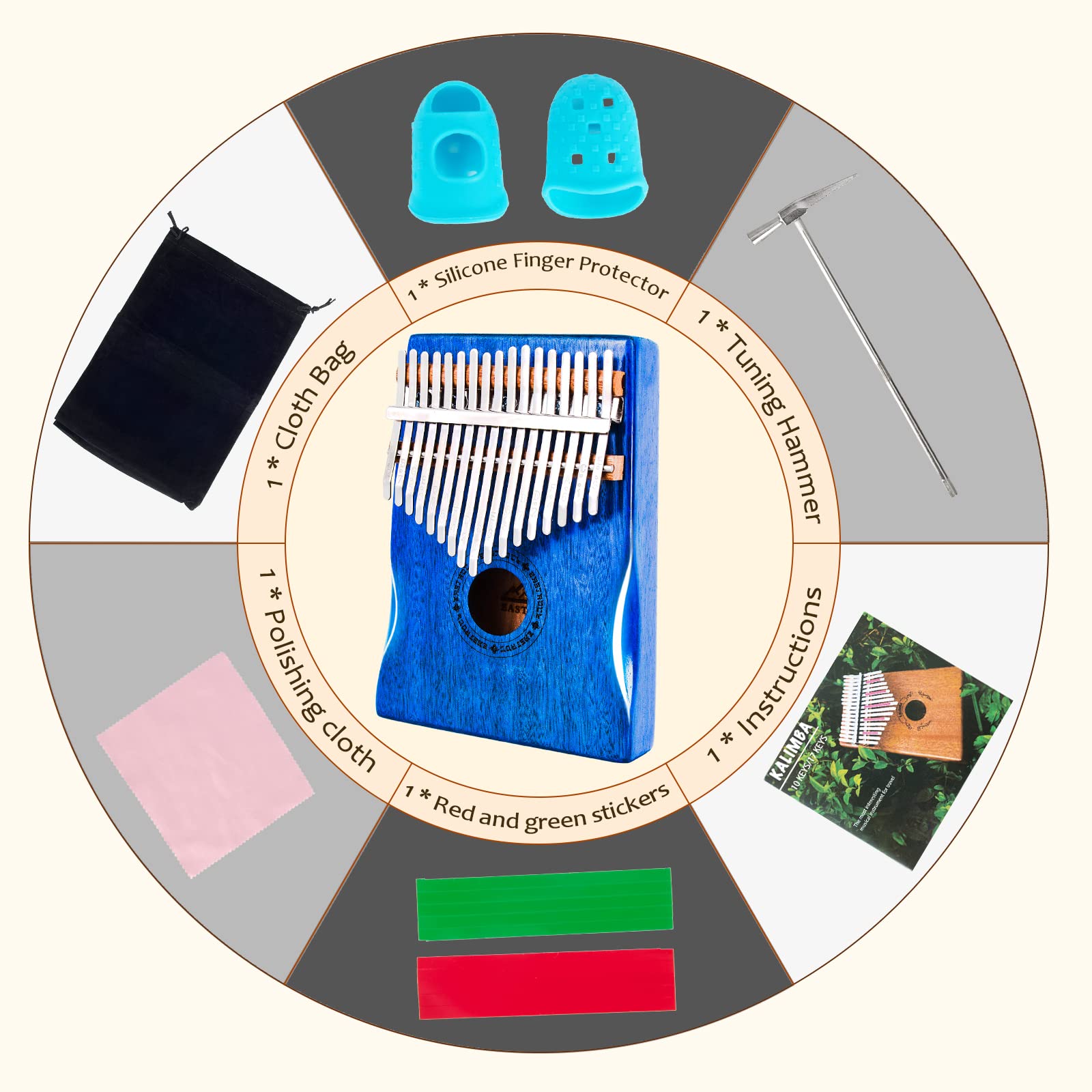 EASTROCK Kalimba Thumb Piano 17 Keys Mbira Blue Mahogany Hand Rest