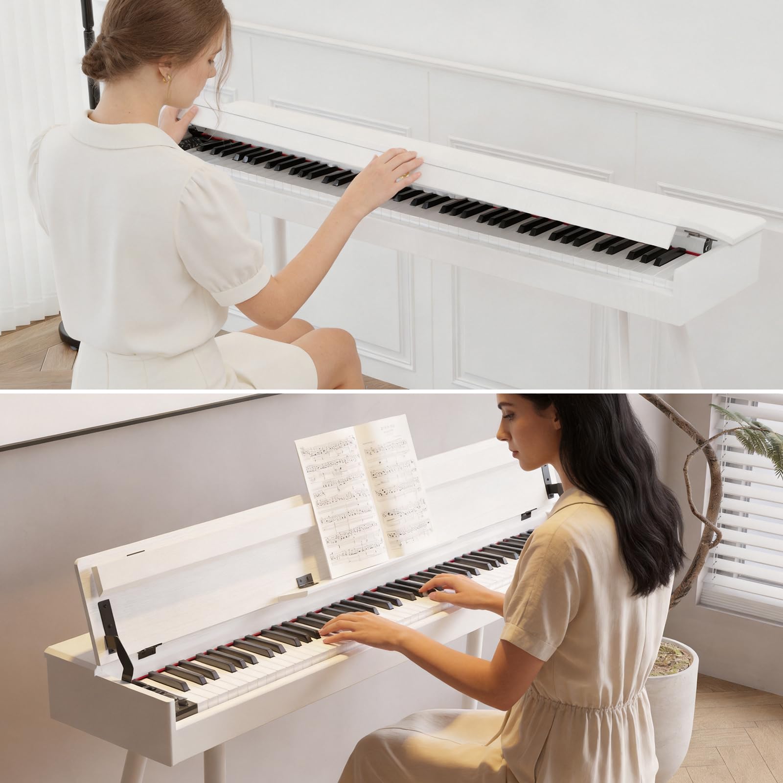 ZHRUNS 88 Key Full-Weighted Digital Piano – Wooden Upright Electric Keyboard with Progressive Hammer Action, 3-Pedal Unit, Stand & Headphone Jack for Beginner Adults (White)
