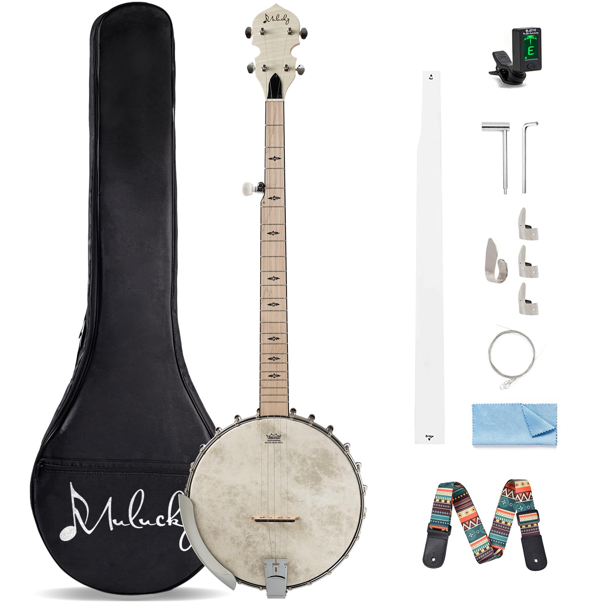 Mulucky 5 String Open Back Banjo MB1101, Maple 24 Brackets Remo Head Kit