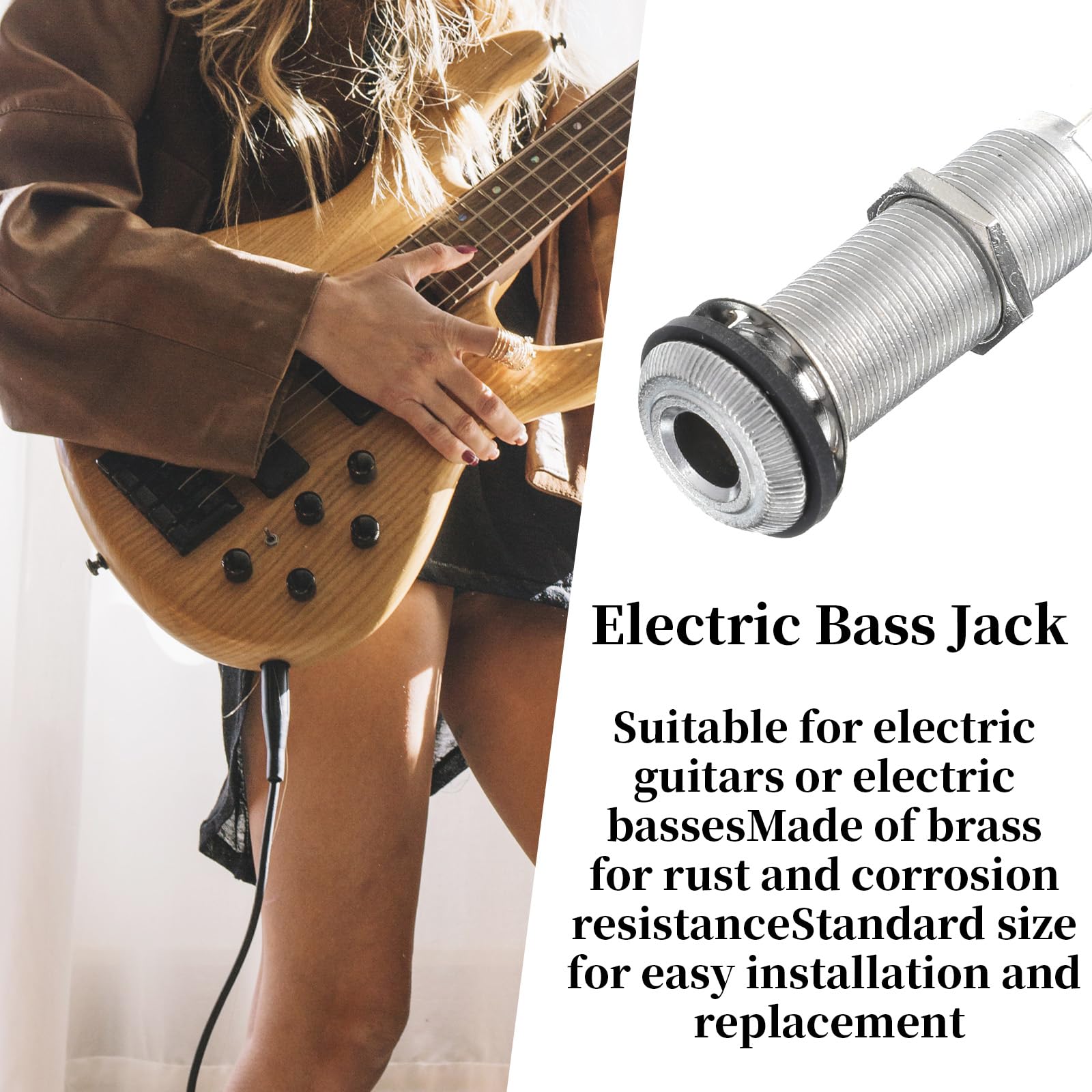 6.35mm Brass Mono Guitar Bass Jack Metal Socket Cylinder Input Output Jack Brass Mono Electric Guitars Bass 1/4inch Metal Barrel Jacks Socket with 3 Pins Guitar Accessories Parts (Silver)