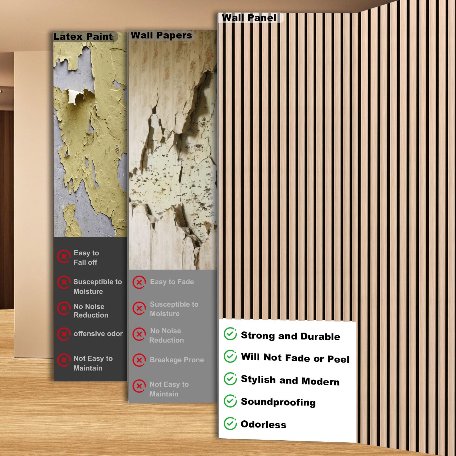 Fivaz 2 Pcs 94″ × 11″ Wood Panels for Wall, Soundproof Wood Slat Wall Paneling, Stylish Decor Acoustic Wall Panels for Wall and Ceiling, Odor-Free & Easy to Install, Natural Walnut