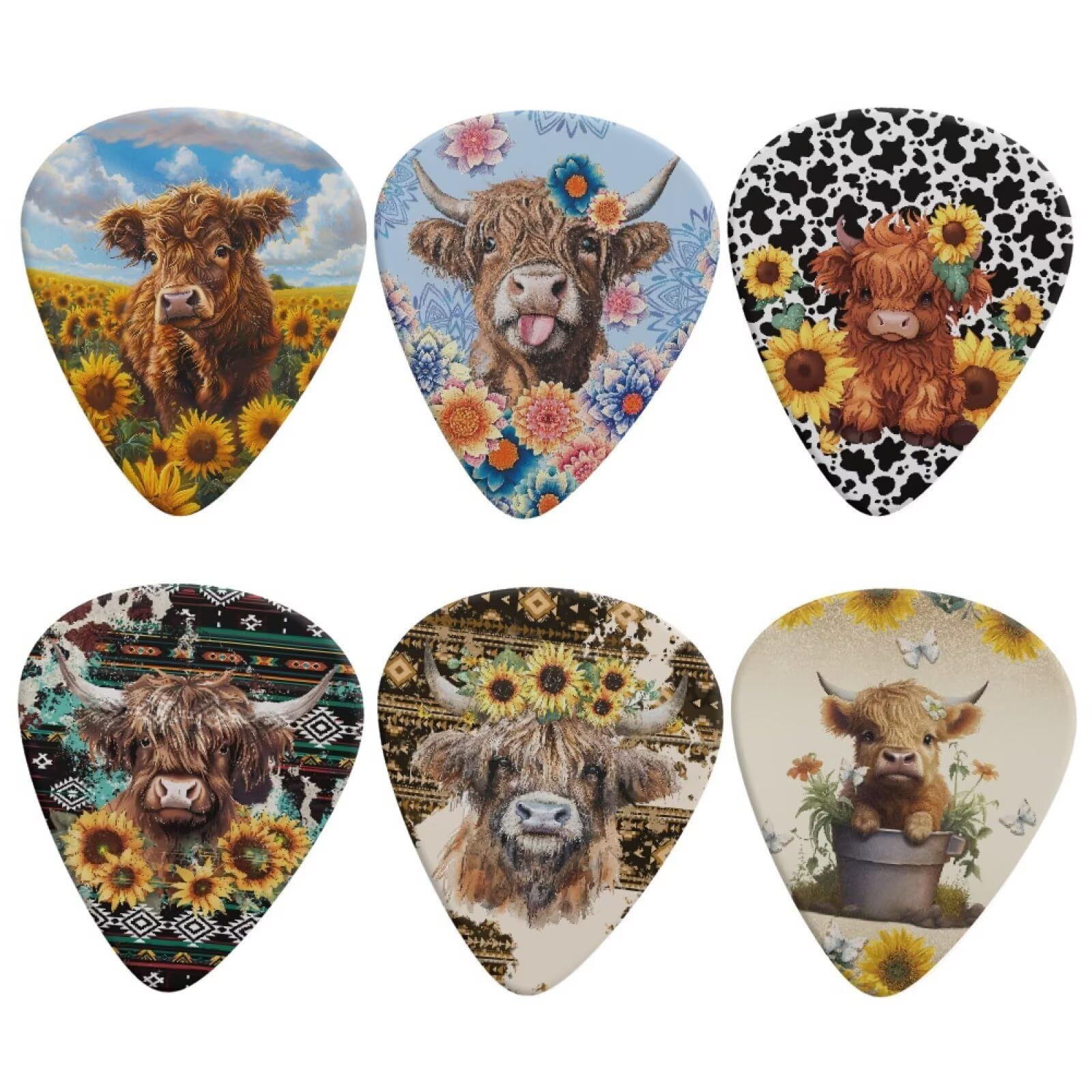 KEIAHUAN Highland Cow Guitar Plectrums Picks Electric Acoustic Guitar Lovers Gifts 6 Pack Includes Thin Medium Heavy Gauges