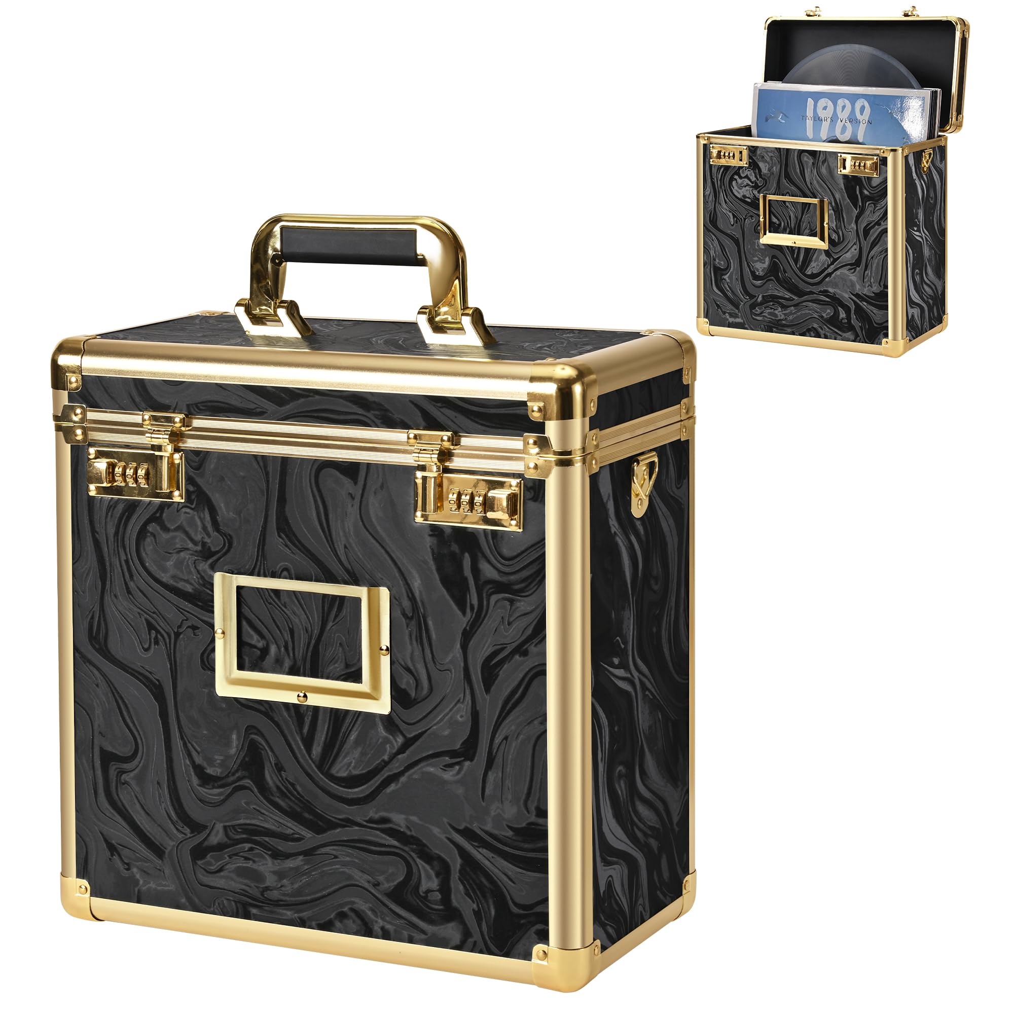 GALHUBIS Vinyl Record Box, Lockable Album Organizer, Holds 32 LPs, Gold
