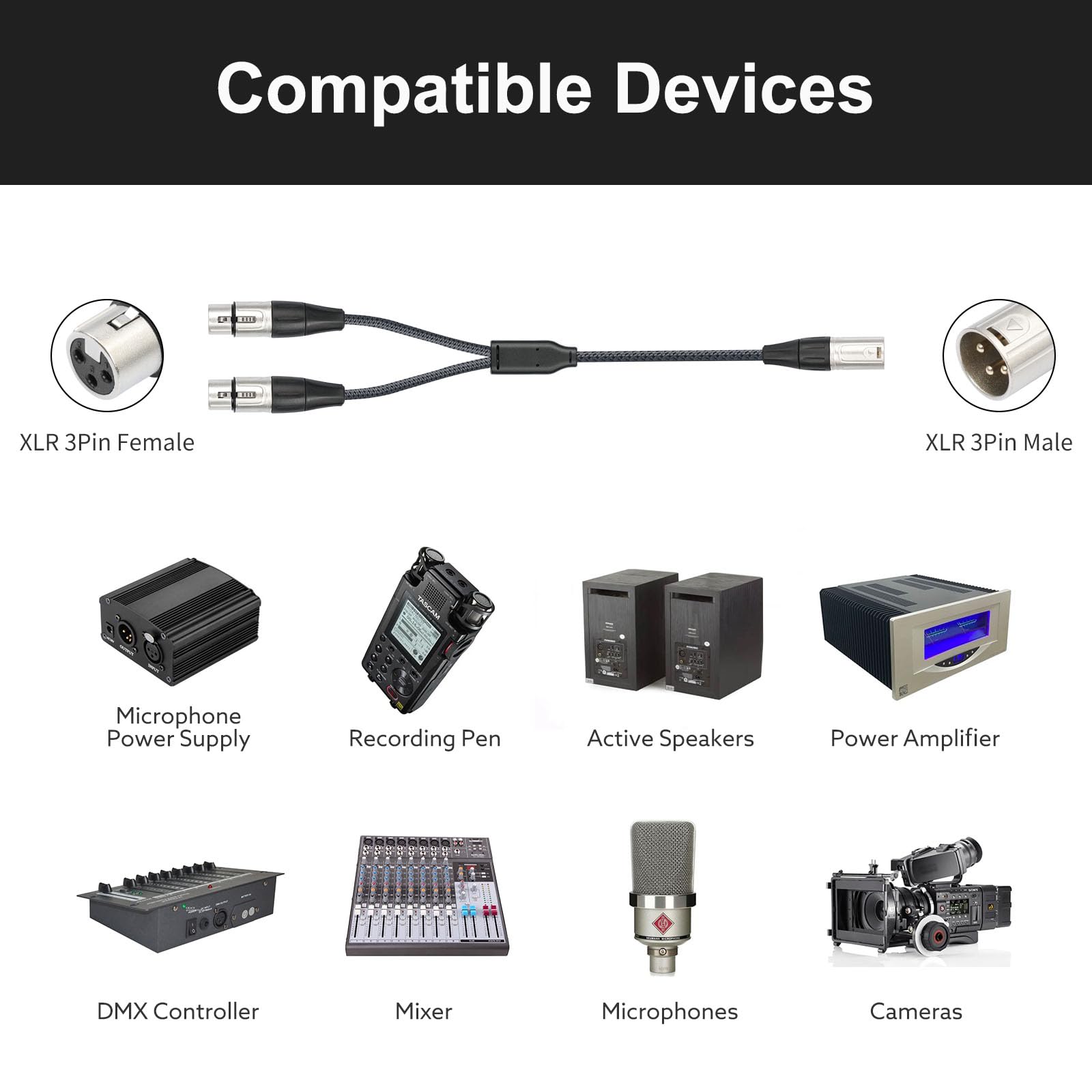 XLR Splitter Cable, Devianl XLR y Splitter 2 Female to 1 Male, Balanced Dual Female to Male Microphone Cord Adapter Combiner, 5 FT, 2 Pack