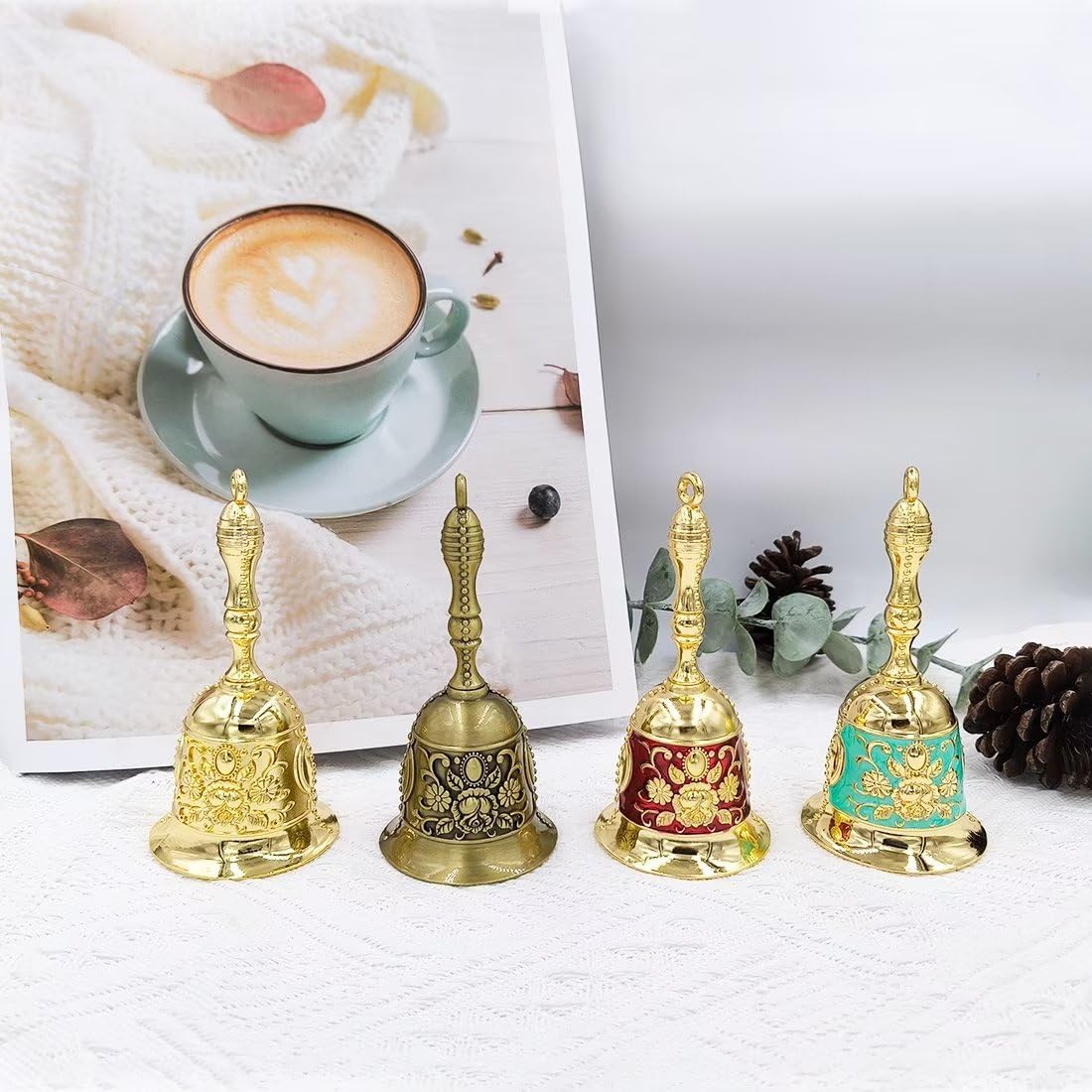 Hourwof Hand Call Bells, Brass Dinner Wedding Pet Training Jingle Christmas Bells, Bronze
