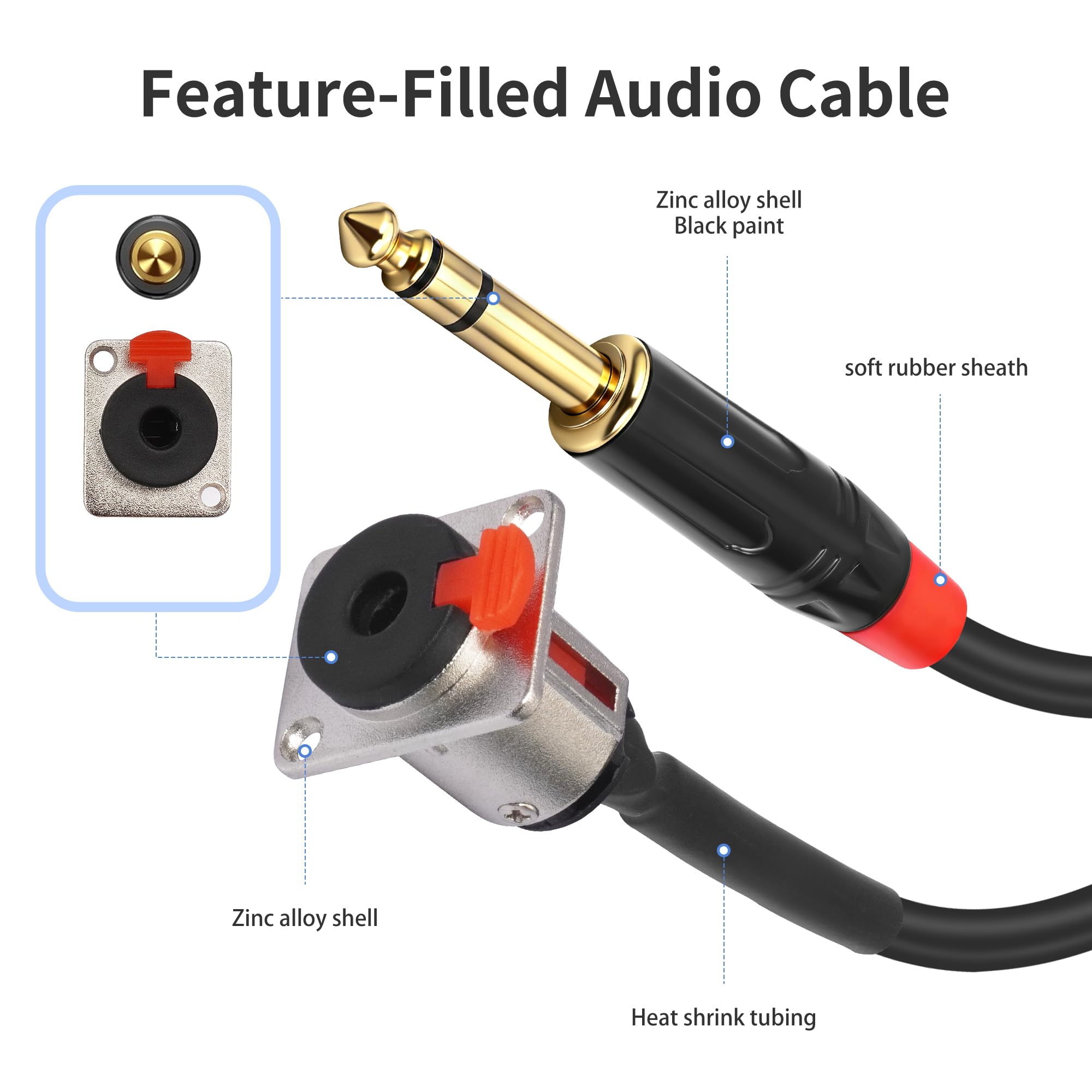 Voluty Tek 1/4″ 6.35MM Female D-Type Panel Mount to 6.35MM Male Stereo Jack Cable TRS Female Solderless Wall Plate to 1/4 Male Cable 60CM 2FT