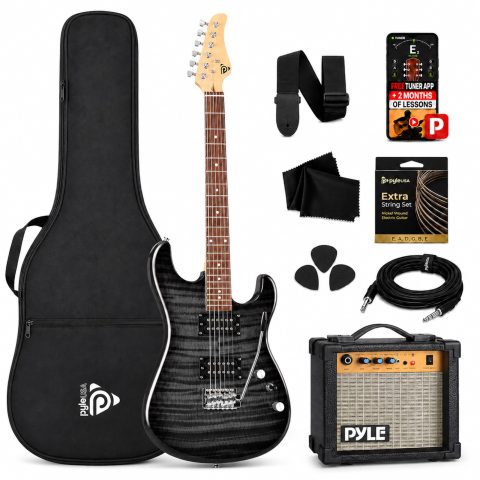 Pyle Electric Guitar Kit with Amp, Full Size Instrument with Humbucker Pickups, Guitarra Electrica Amplifier and Beginner Bundle Accessories, 39″ Black