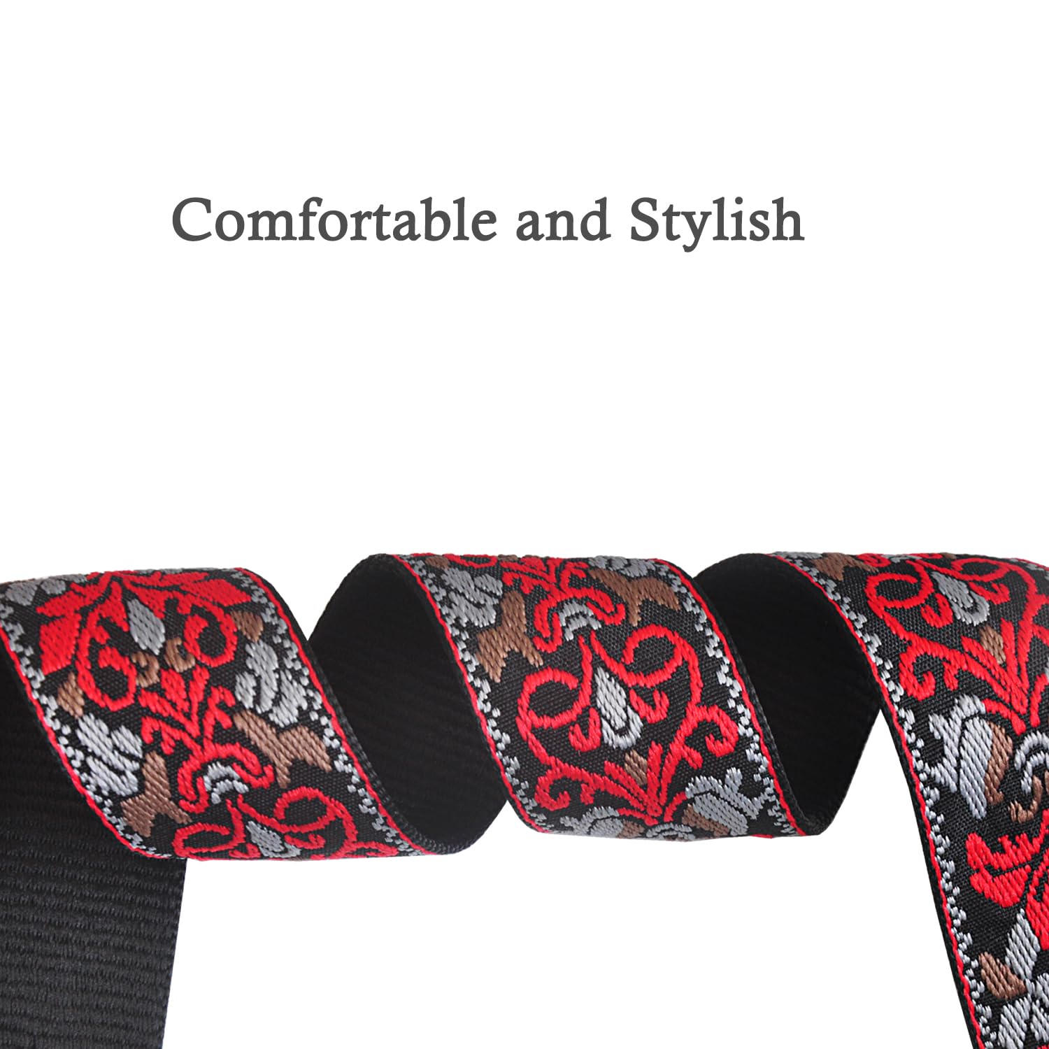 Farcaya Guitar Strap Embroidered Weave Flower Adjustable Shoulder Strap with 2Strap Lock Button 3Picks Headstock Strap Tie for Acoustic Electric Bass(Red+Grey)