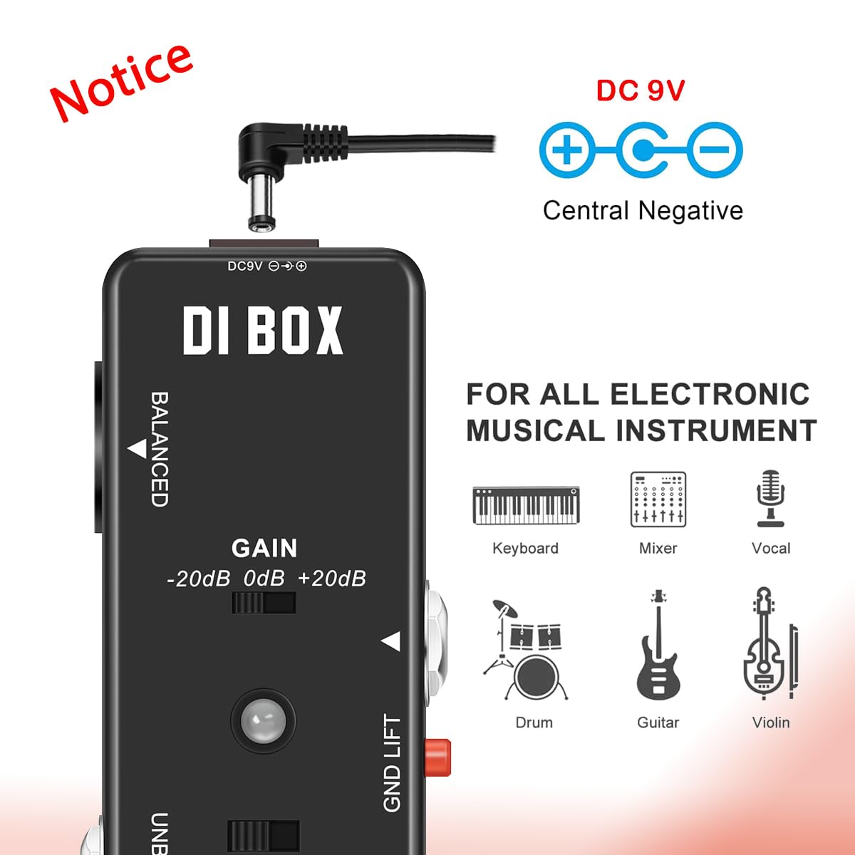 Rowin Guitar Bass Passive DI Box Instrument to Balanced and Unbalanced Micro Direct Box Pedal