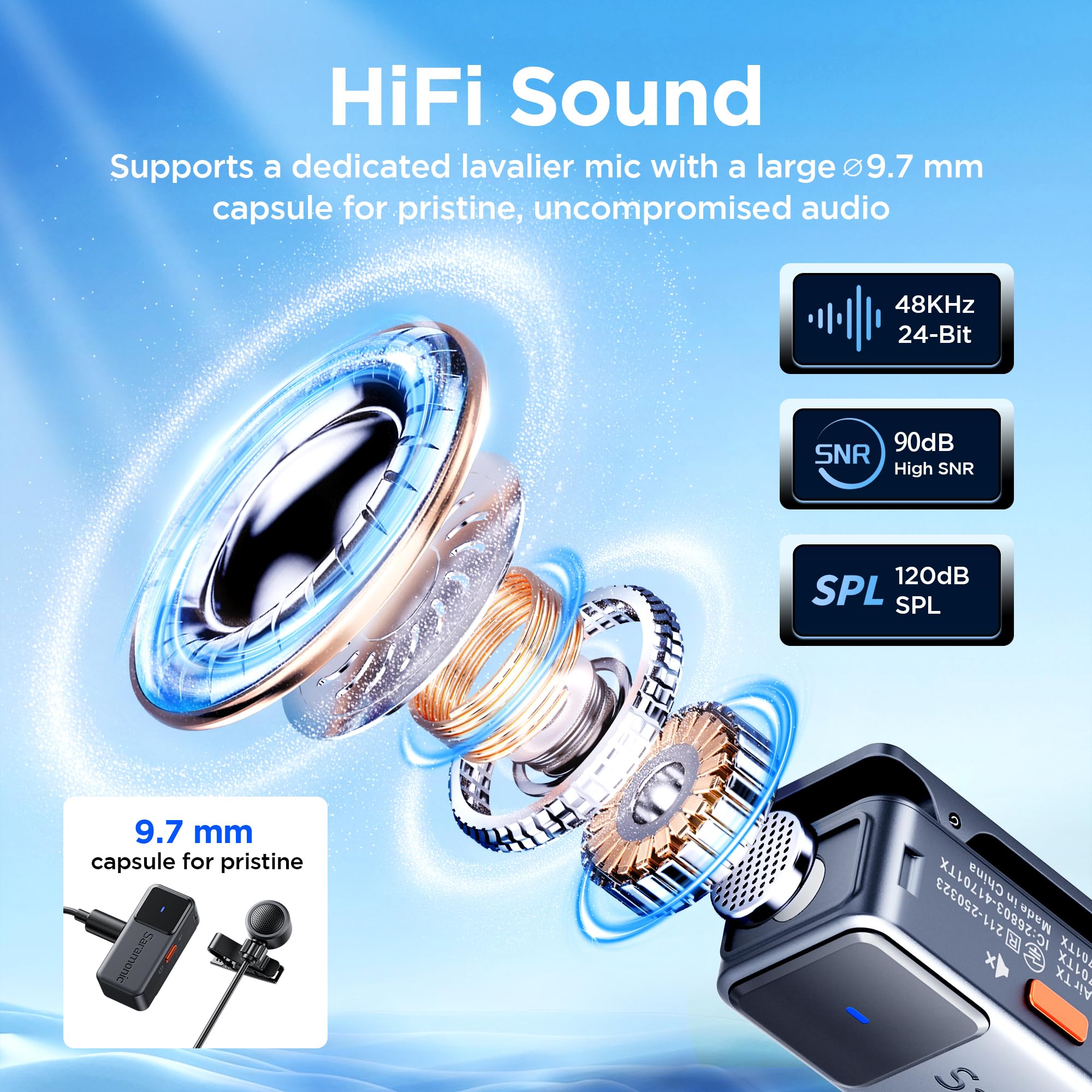 Saramonic Air Wireless Lavalier Microphones for for iPhone/Camera/Android/PC, Ultralight, 48kHz/24-bit,120dB Max SPL, 300m Range, Noise Cancelling, Lapel Microphone Wireless for Vlogging