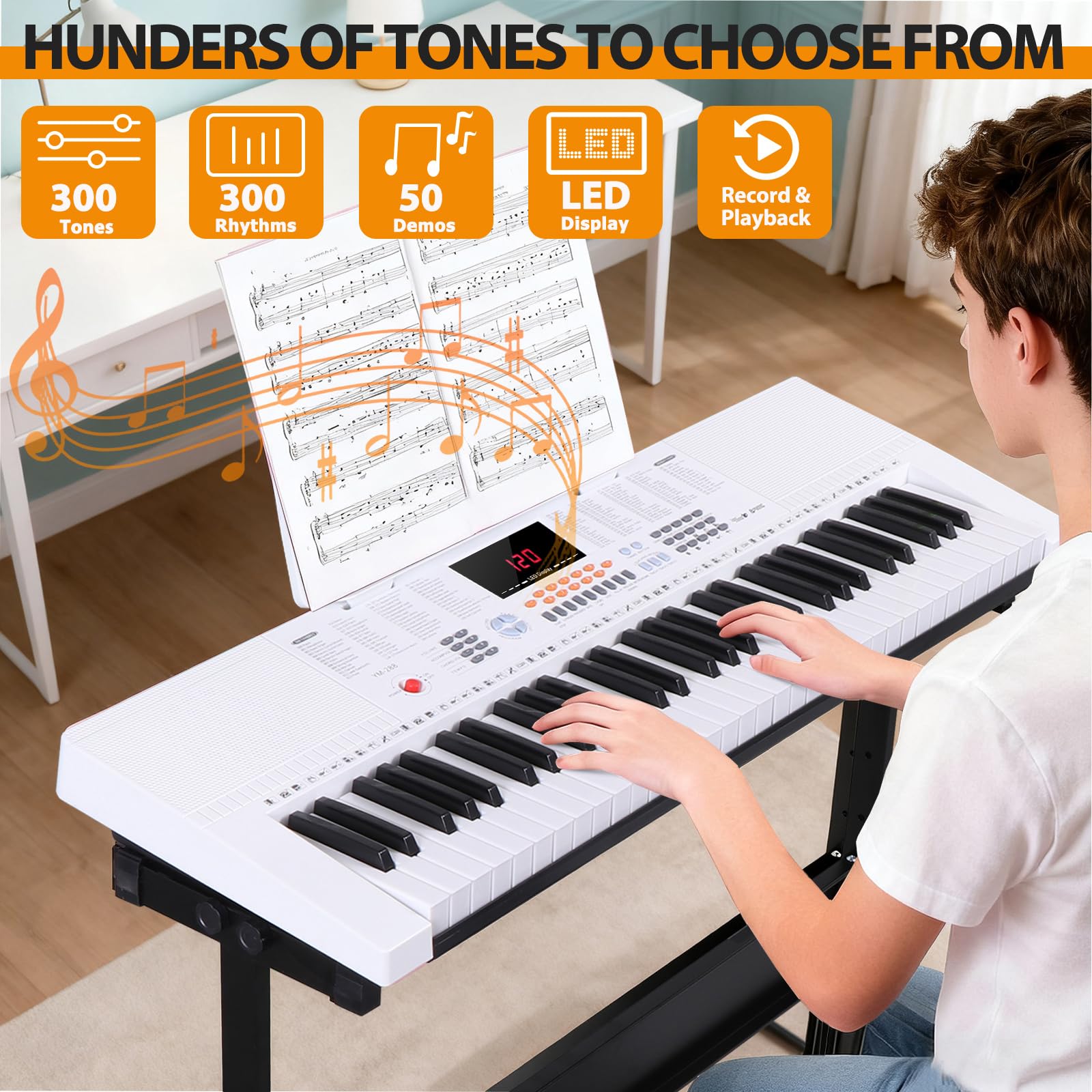 Smartxchoices 61-Key Electronic Keyboard Piano Stand Portable LED Display Keyboard Kit with Adjustable Stand, Adjustable Stool, Headphones, Microphone & Music Rest, White
