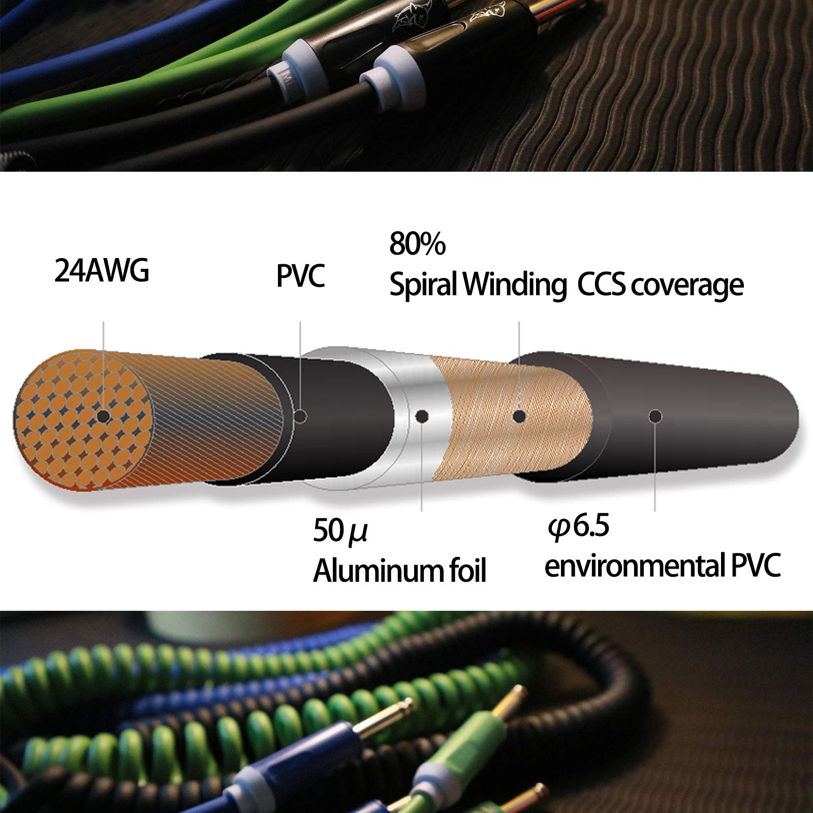 Aestivate 16ft/5m Coiled Guitar Cable Electric Instrument Cable Curly Instrument Cable Stretchable Straight to Straight Dual Straight Plugs(Green)