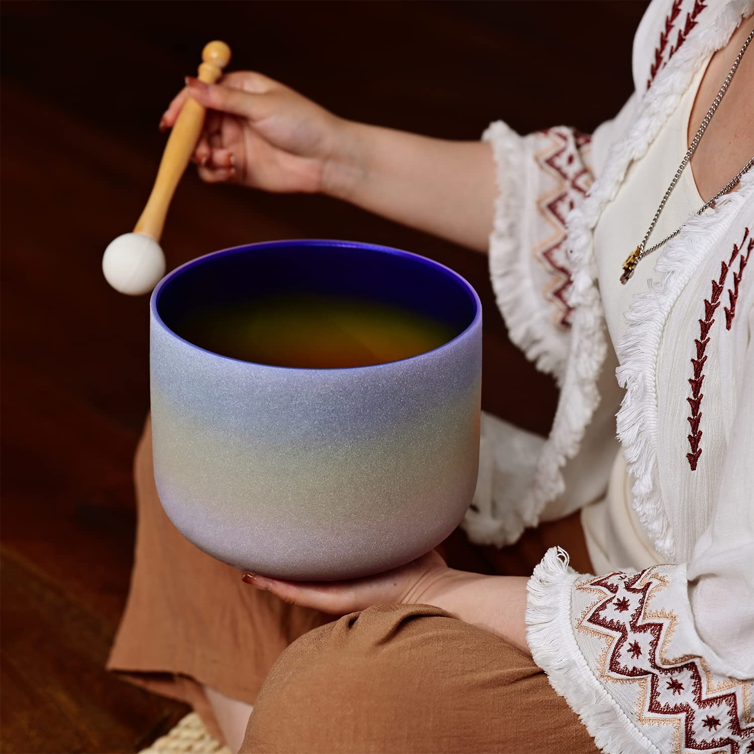 CVNC 8 Inch Rainbow Color Frosted Quartz Crystal Singing Bowl 440HZ A Note