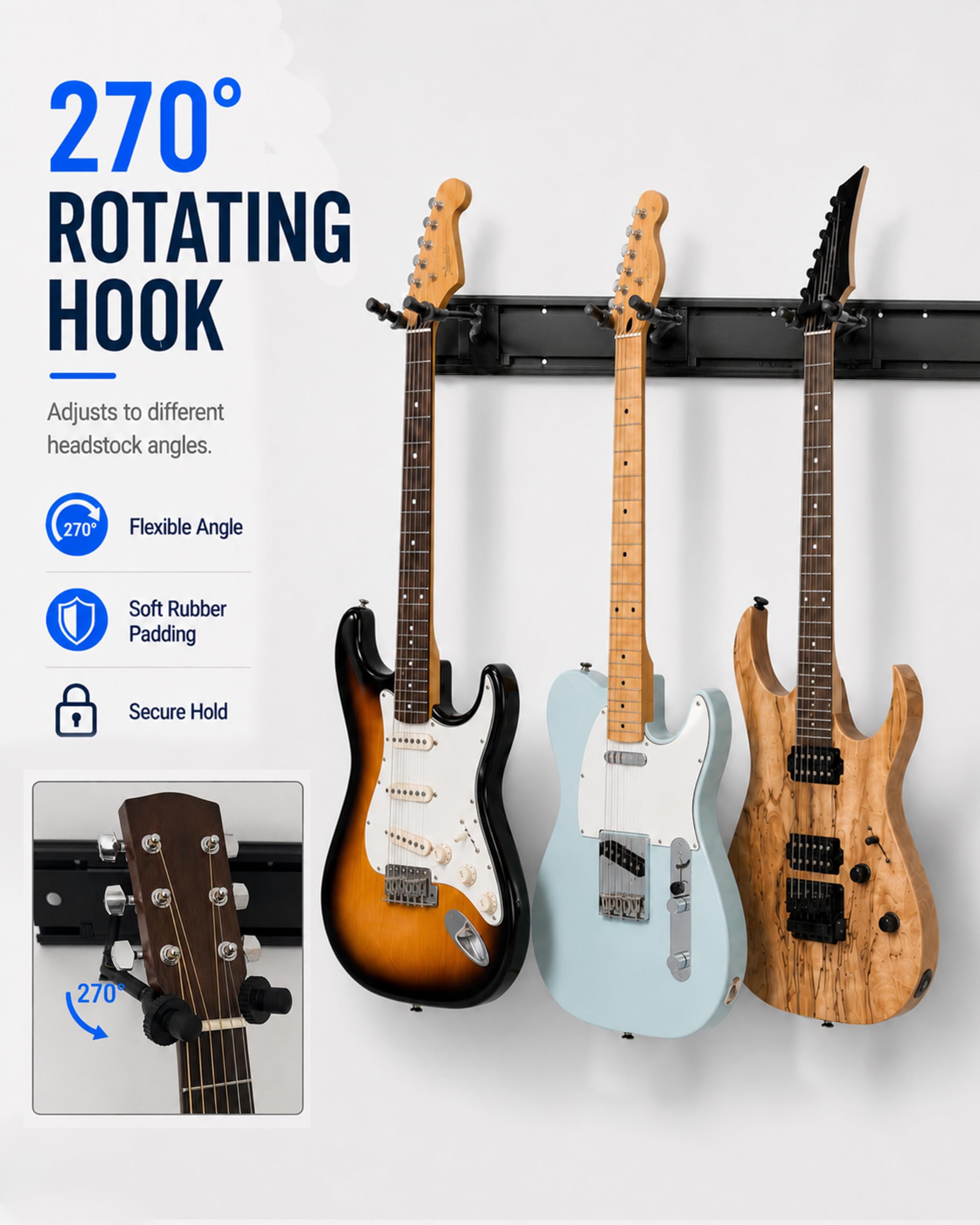 Guitar Wall Mount for Multiple Guitars, Adjustable Guitar Wall Rack with Rubber Cradles & Fixed Clips, Aluminum Guitar Hanger Organizer for Acoustic Electric Guitar, Bass, Violin, Ukulele Storage Display- 8 Hangers