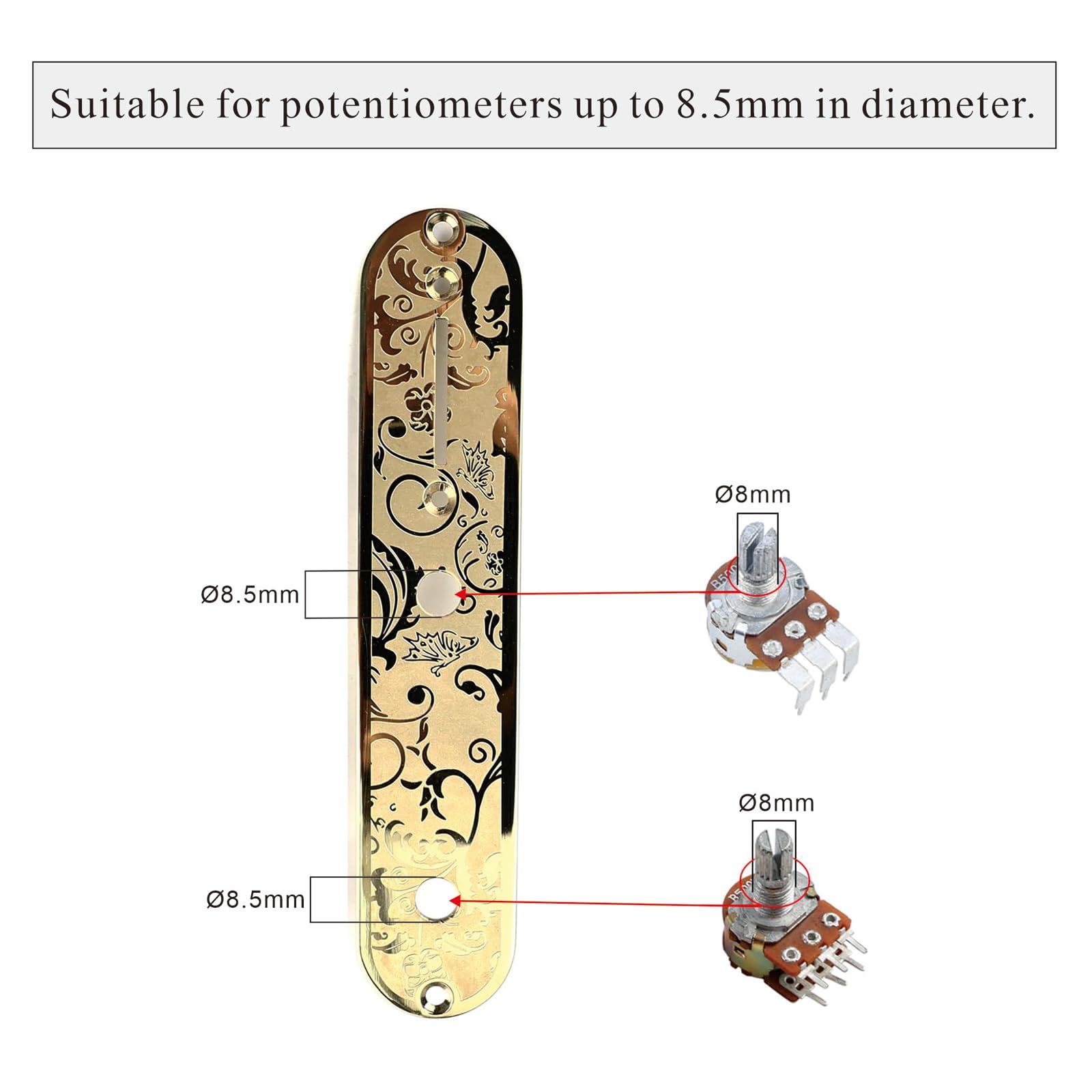 OVSAL Stainless Steel Engraved Electric Guitar Control Plate 2-Hole Mount 8.5mm (21/64″) Control Panel Compatible with Most Telecaster Tele Style Guitar Replacement Parts(Gold)
