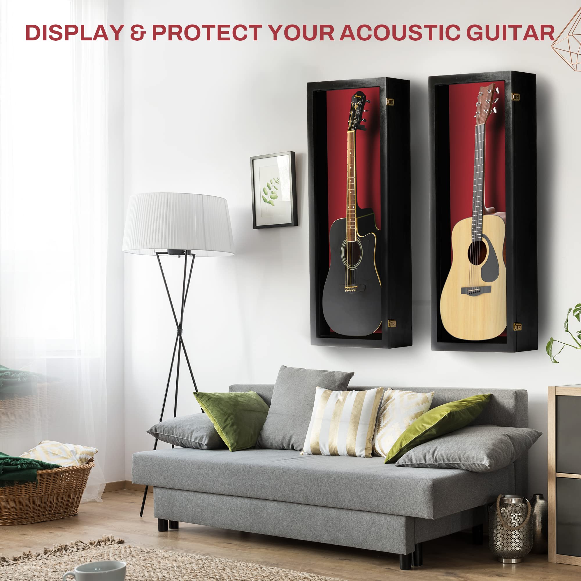 PENNZONI Acoustic Guitar Display Case – Acrylic Acoustic Guitar Case – Guitar Display Case Wall Mount Made from Hardwood Frame & Clear Acrylic – Black w/Red Felt
