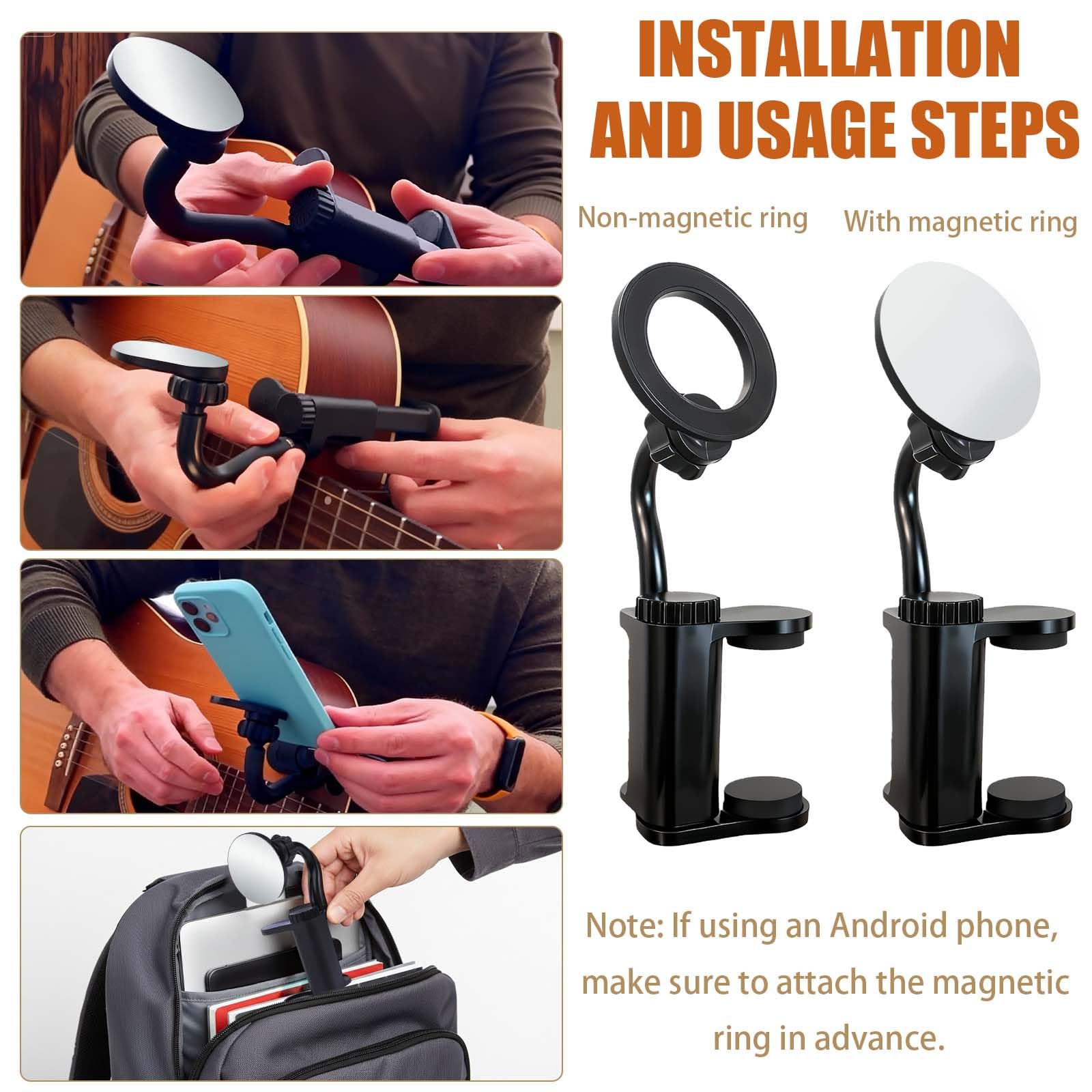 Rubierine Magnetic Plus Guitar Phone Holder, Clamp Mount Adjustable &360° Rotating Arm, Fits 2.36-4.1, Works iPhone &Android (Magnetic Ring Included), Right-Handed Only, for Sheet Music, Teach, Live