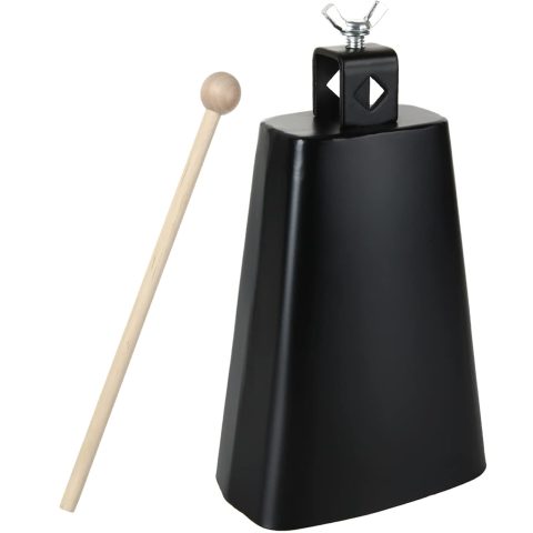 Acrux7 7 Inch Large Cow Bell Noise Makers, Metal Cowbell with Handle and Stick, Hand Percussion Music Cowbell for Sporting Events, Drum Set, Church, Weddings, Beautiful Clear Tapping Sound (Black)