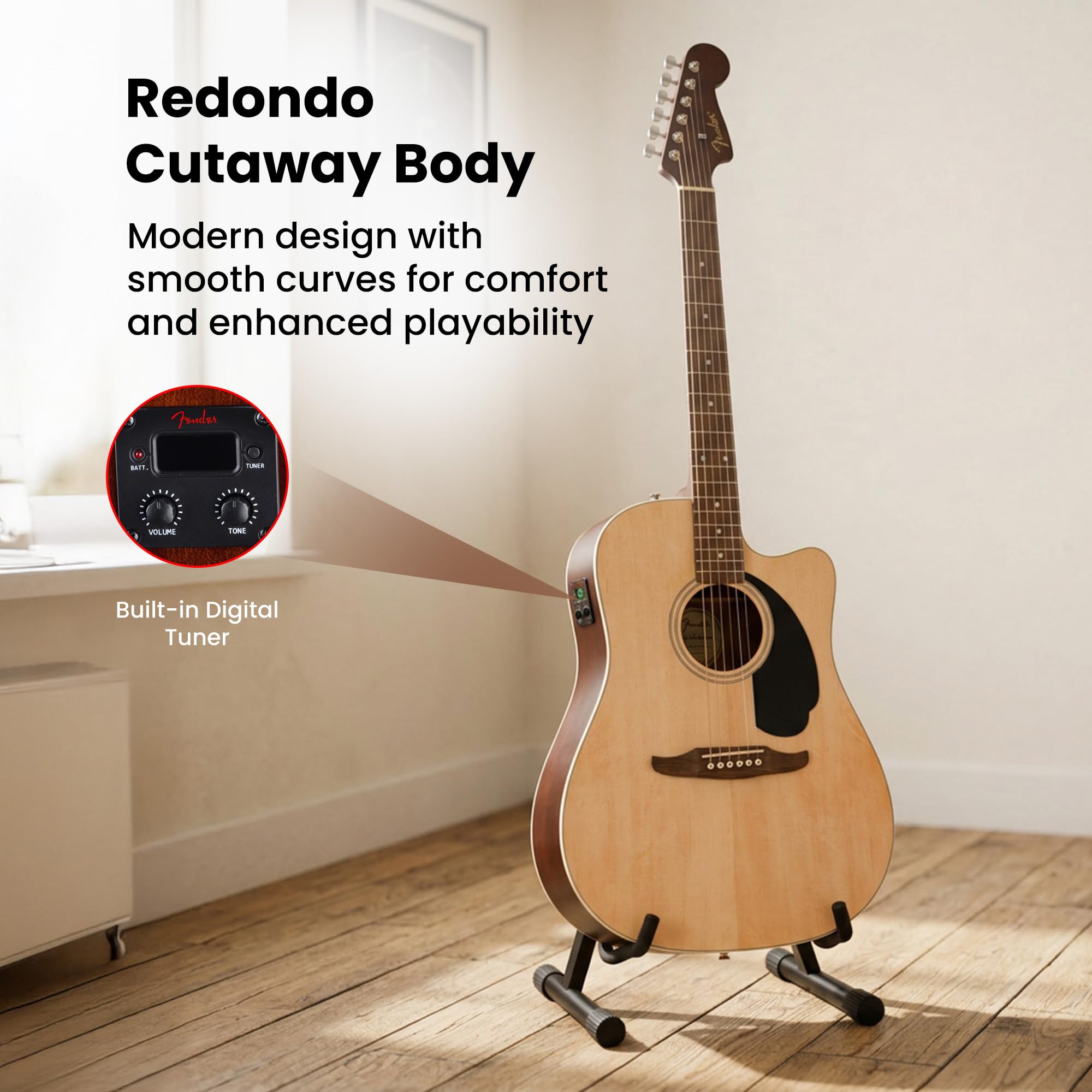 Fender Redondo CE Acoustic-Electric Guitar – Natural Bundle with Hard Case, Strap, Strings, Picks, and Austin Bazaar Instructional Video