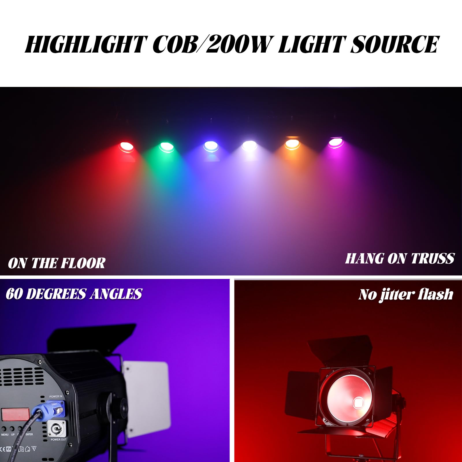 DJXFLI COB Stage Lights with Barn Doors, COB Par Light 200W LED RGBWAUV DMX512 Master-Slave Sound DJ Lighting Spotlight Fresnel for Church Concert Wedding